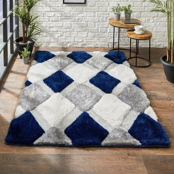 3D Navy Geometric Shaggy Rug - Image 3