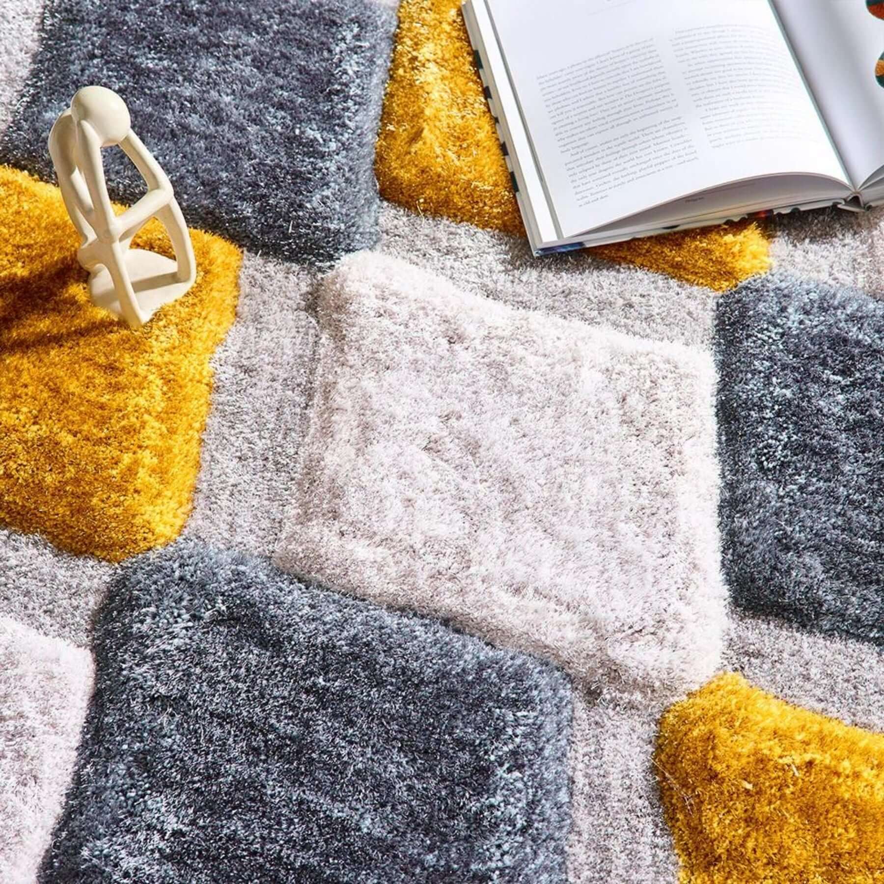 3D Ochre Geometric Shaggy Rug - Image 2