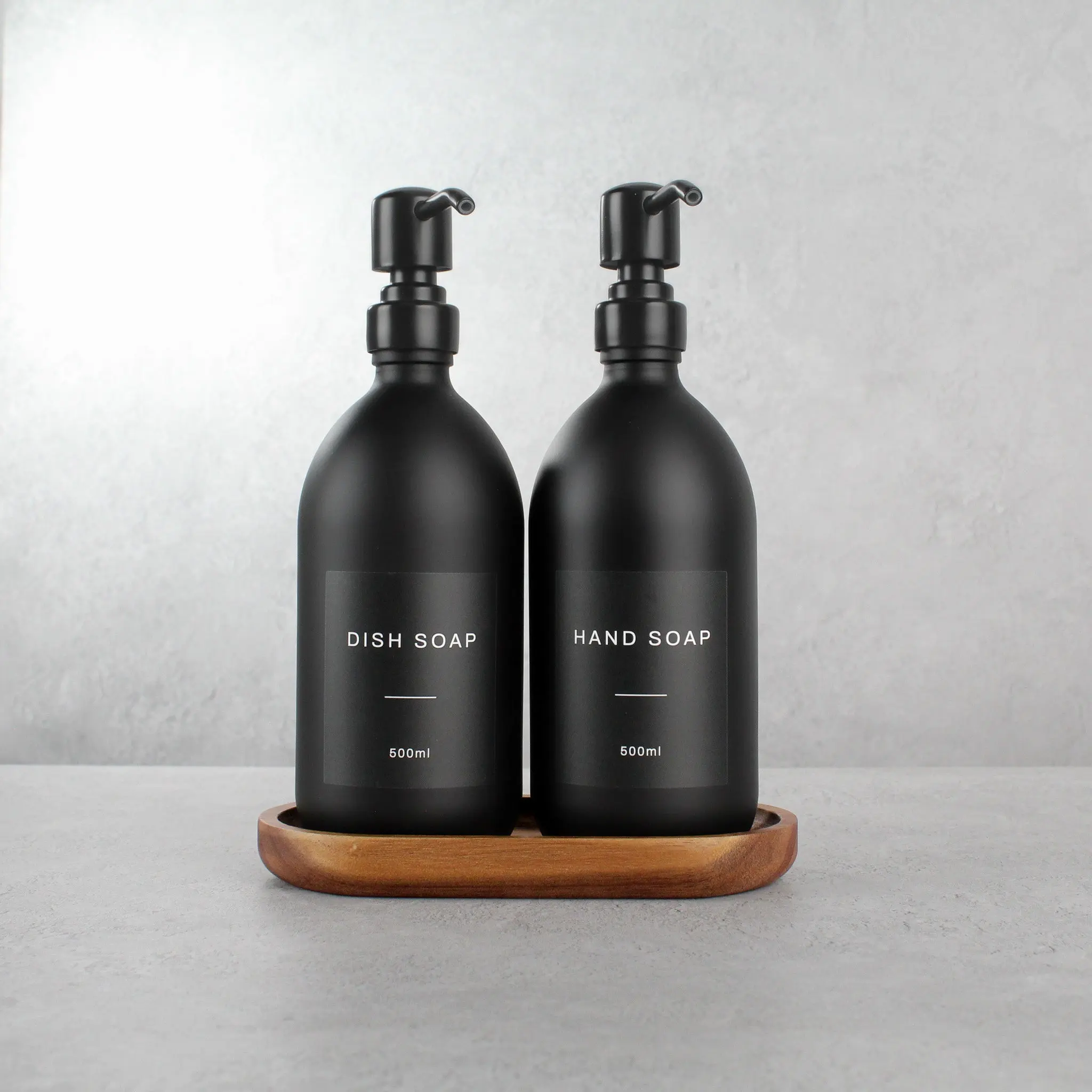 Acacia Tray & Matte Black Glass Dispenser Double Set - Image 3