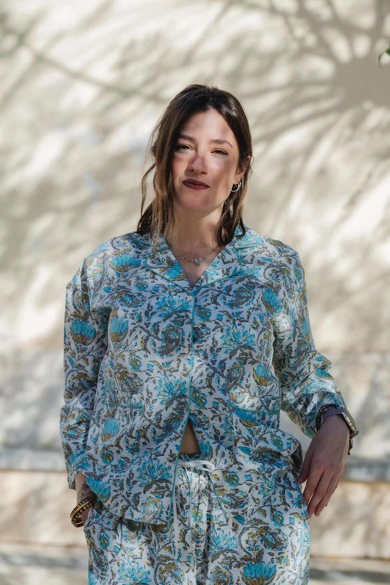 Ahaana Turquoise Block Printed Cotton Pyjamas - Image 4