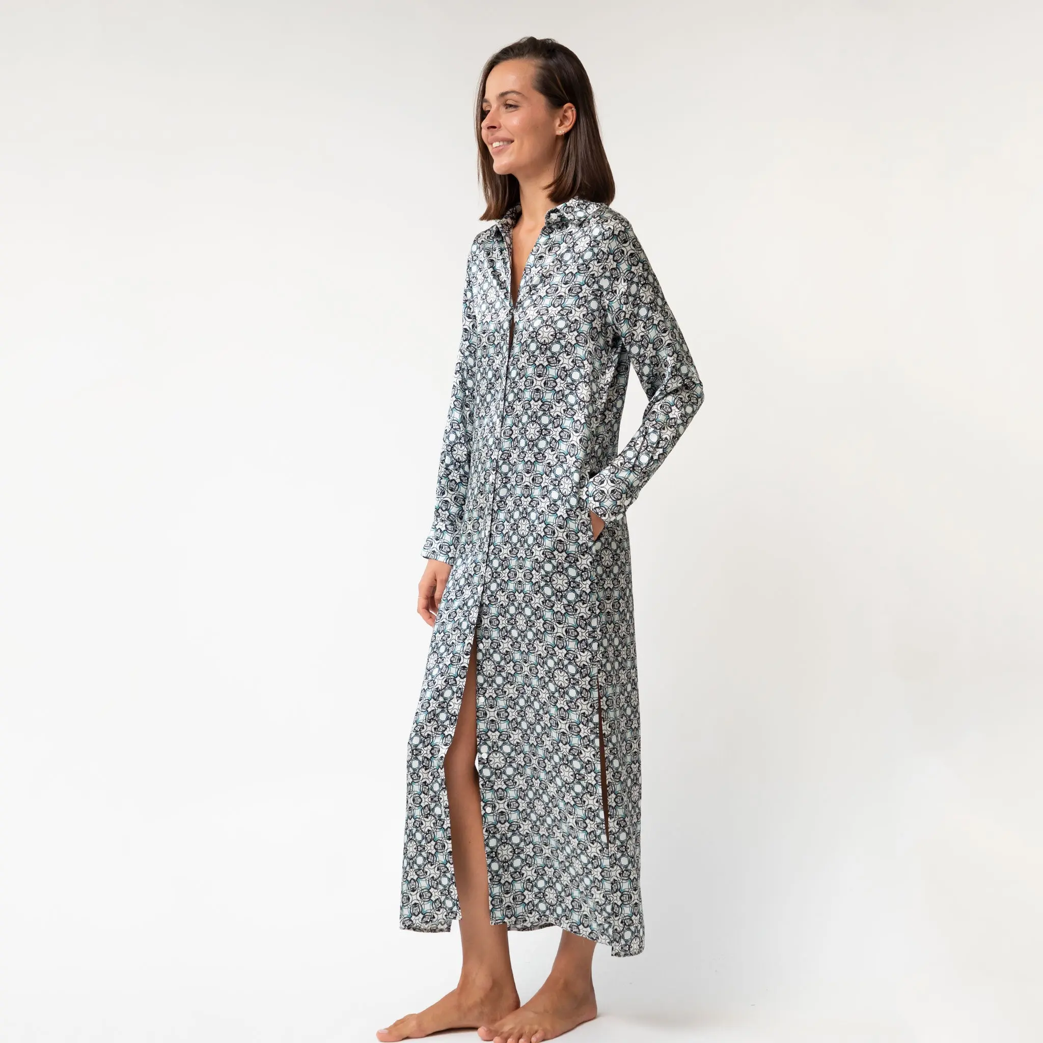 Black Crystal Neo Geo Silk Shirt Dress - Image 10