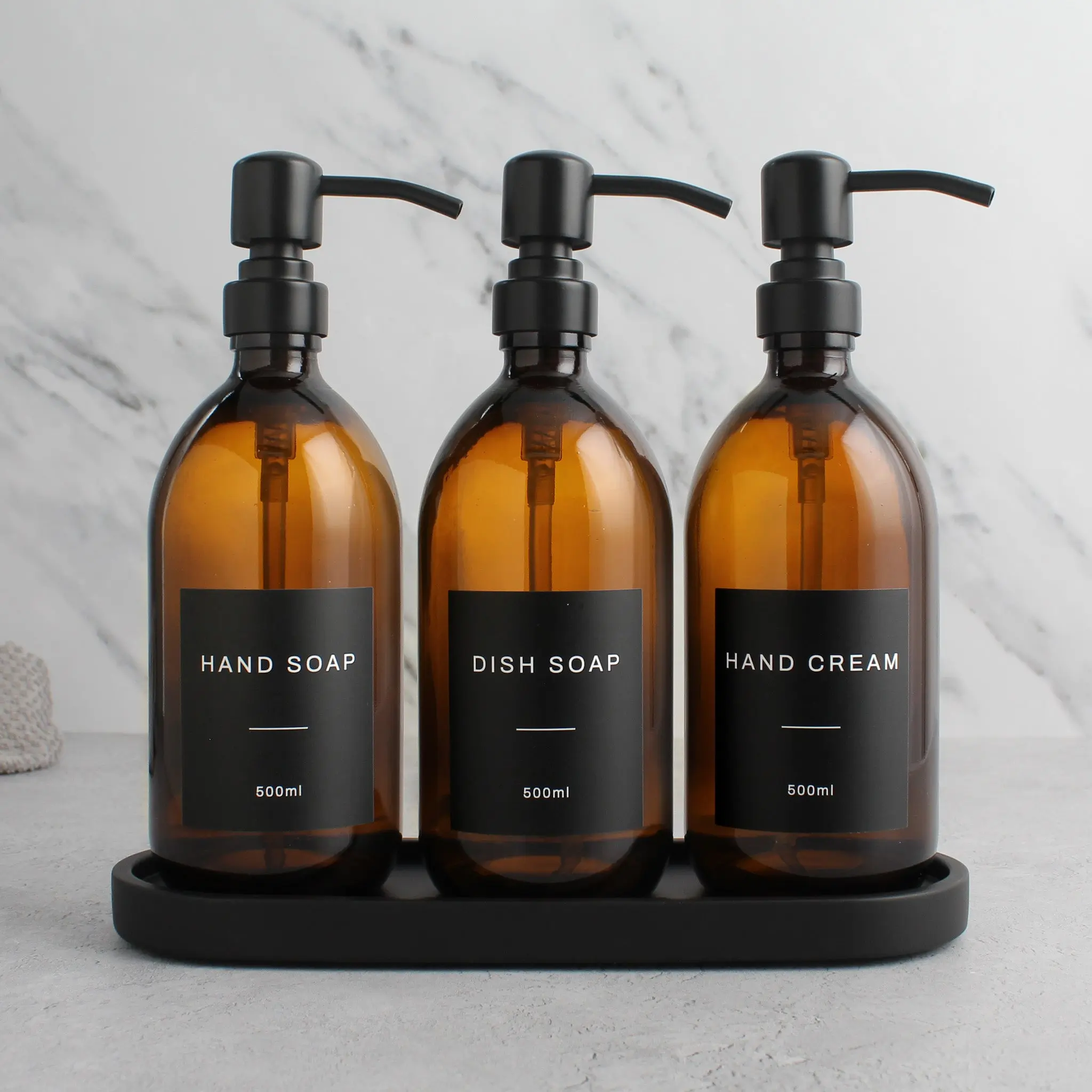 Black Tray & Amber Glass Dispenser Triple Set - Image 9