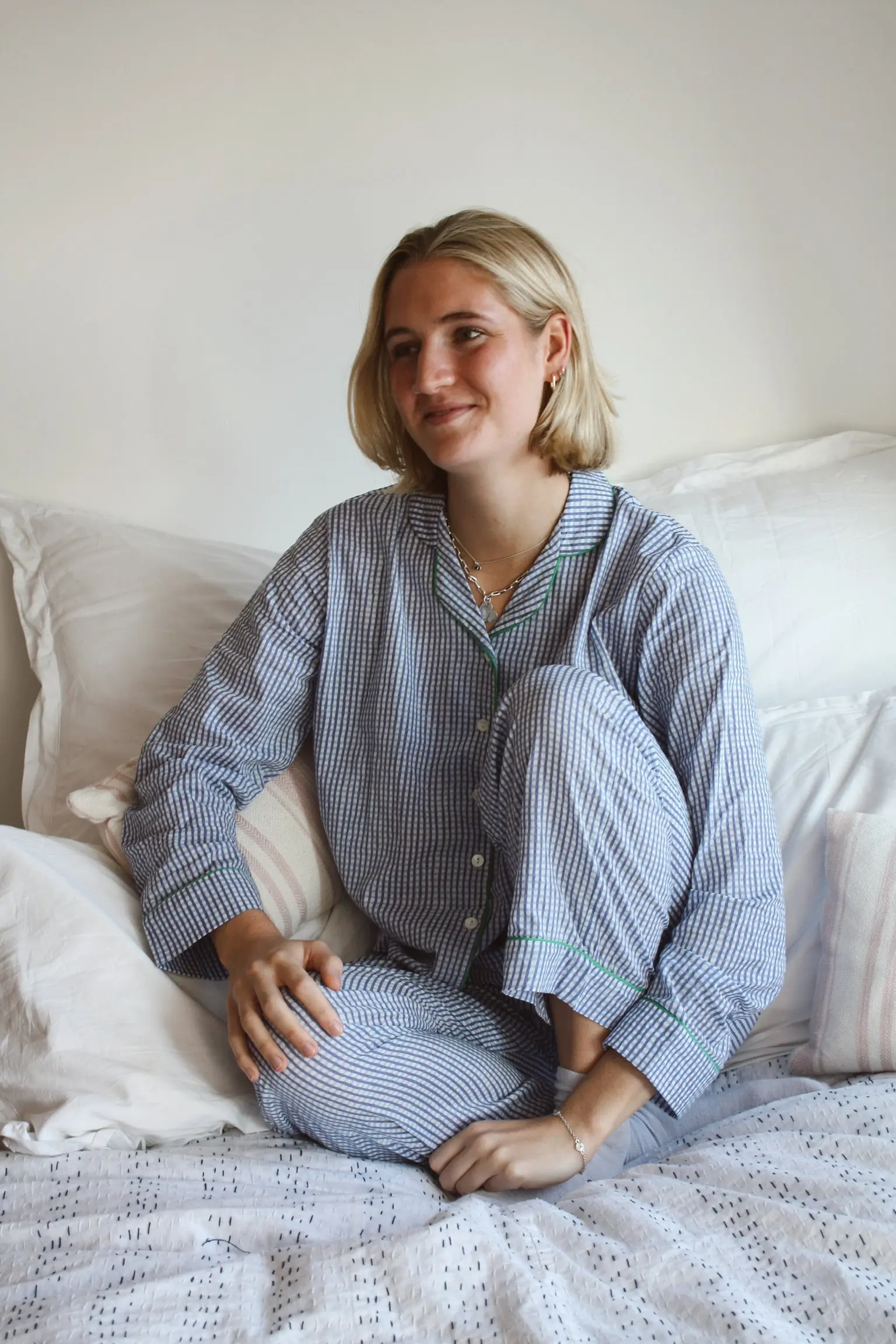 Blue Gingham Women's Cotton Pyjama Trouser Set - Image 2