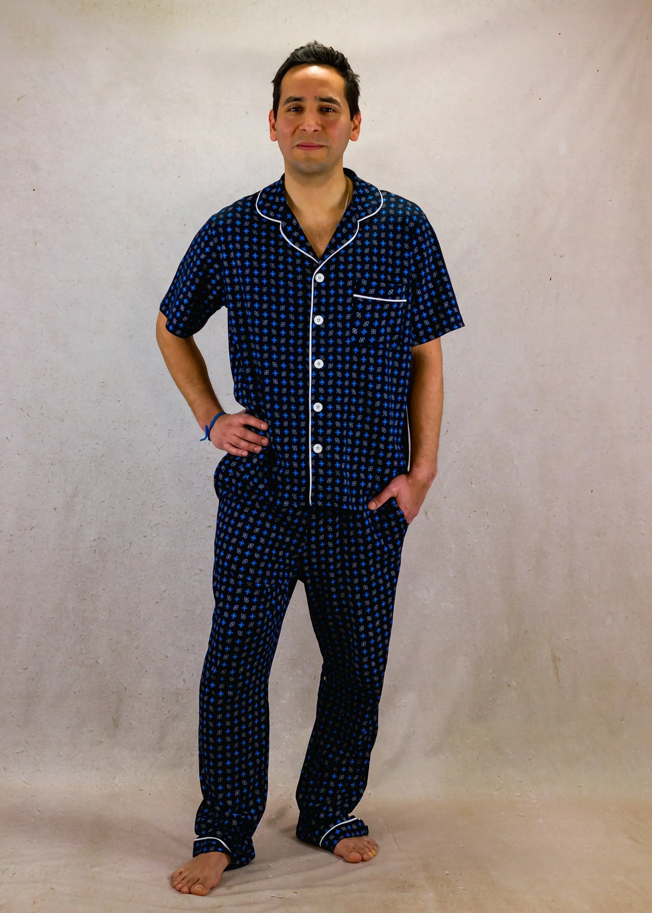 Blue Squares Mens Pima Cotton Short Sleeve Pyjama Trouser Set - Image 2