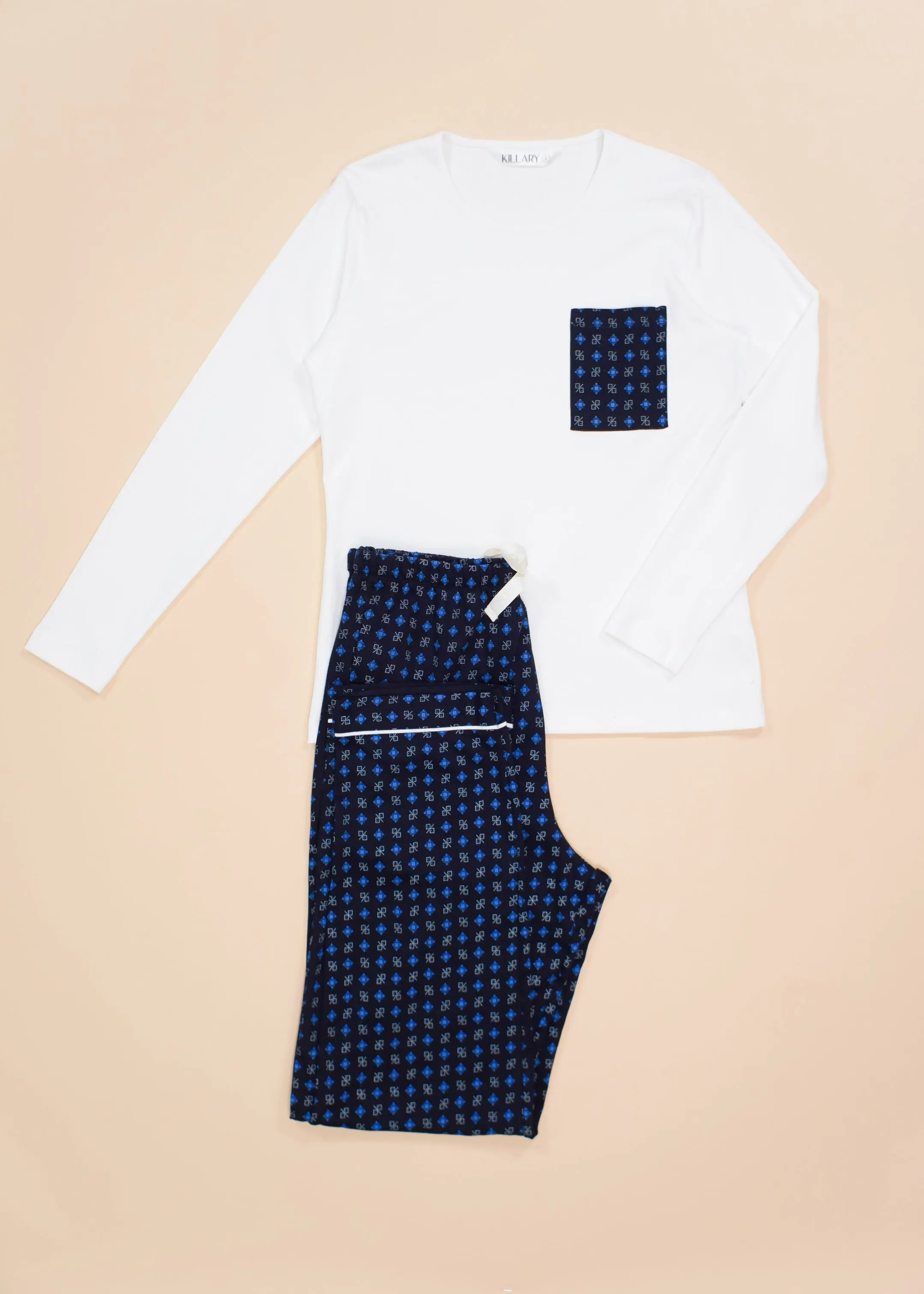 Blue & White Women's Pima Cotton Long Sleeve Pyjama Trouser Set