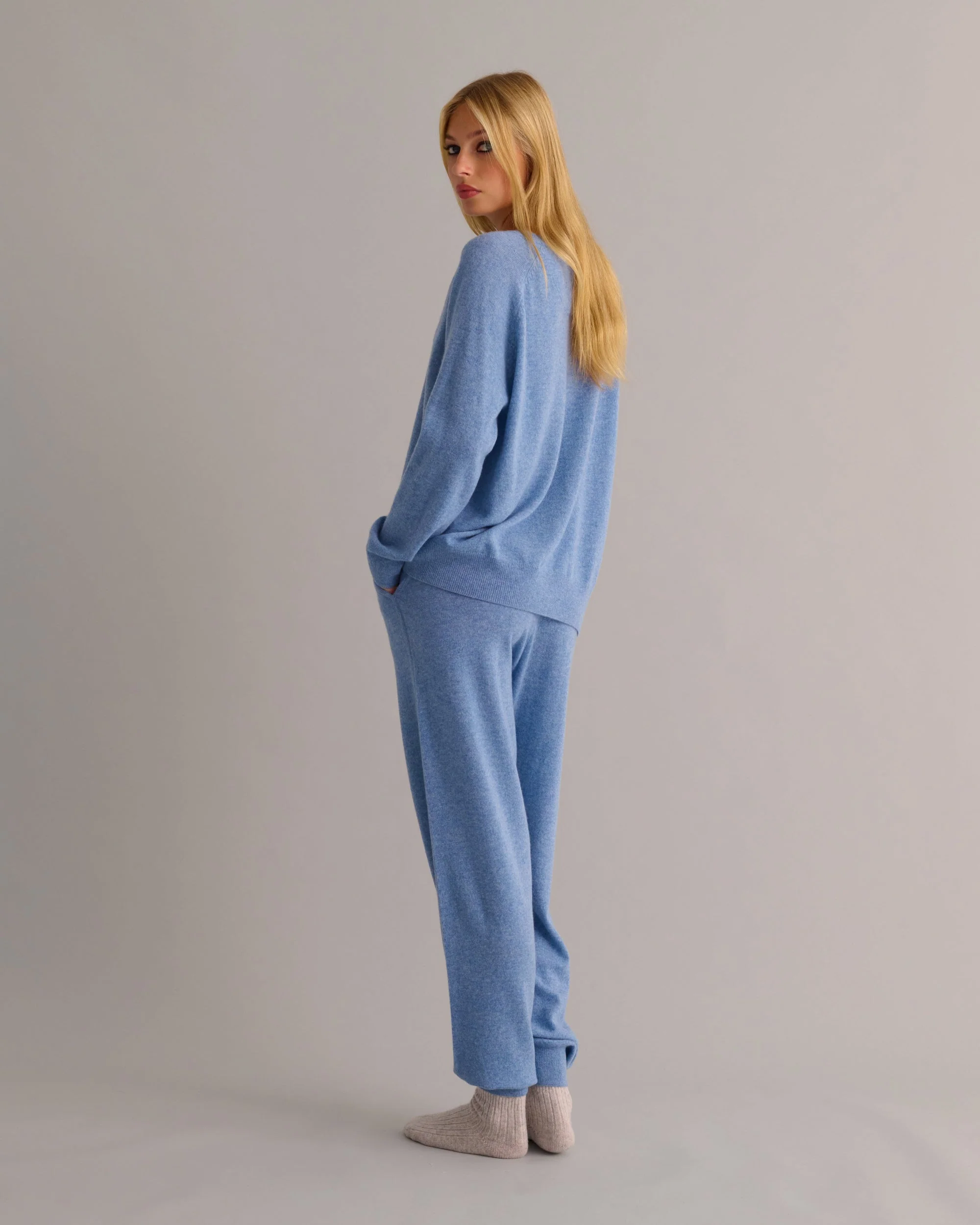 Chambray Blue Cashmere Cuffed Ankle Joggers - Image 4