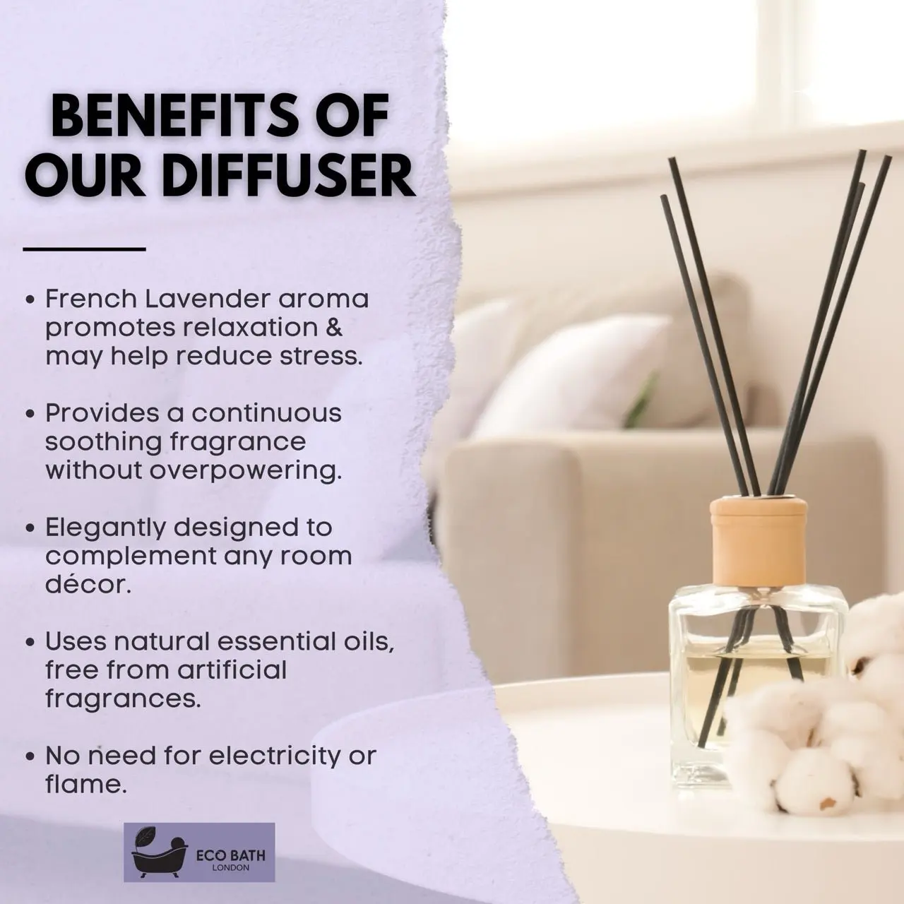 French Lavender Reed Diffuser - Luxurious Home Fragrance with Natural Essential French Lavender Oil, 100ml (3.38 Fl.Oz) - Image 4