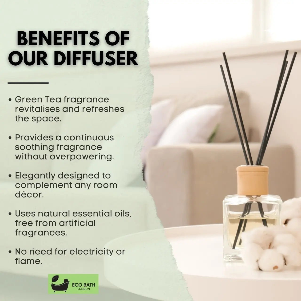 Green Tea Reed Diffuser - Refreshing Room Fragrance with Notes of Bergamot and Green Tea, 100ml (3.38 Fl.Oz) - Image 4