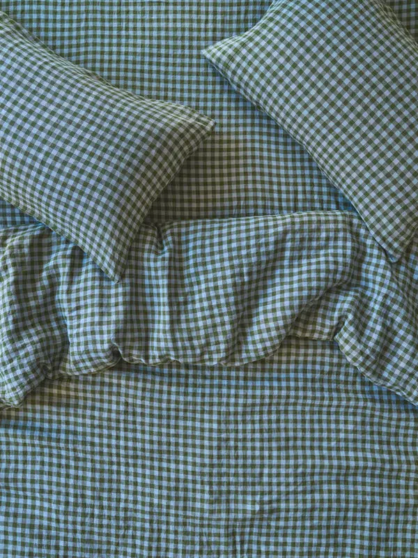Fern Green & Dusk Blue Colour Drenched Gingham Linen Blend Duvet Cover - Image 3