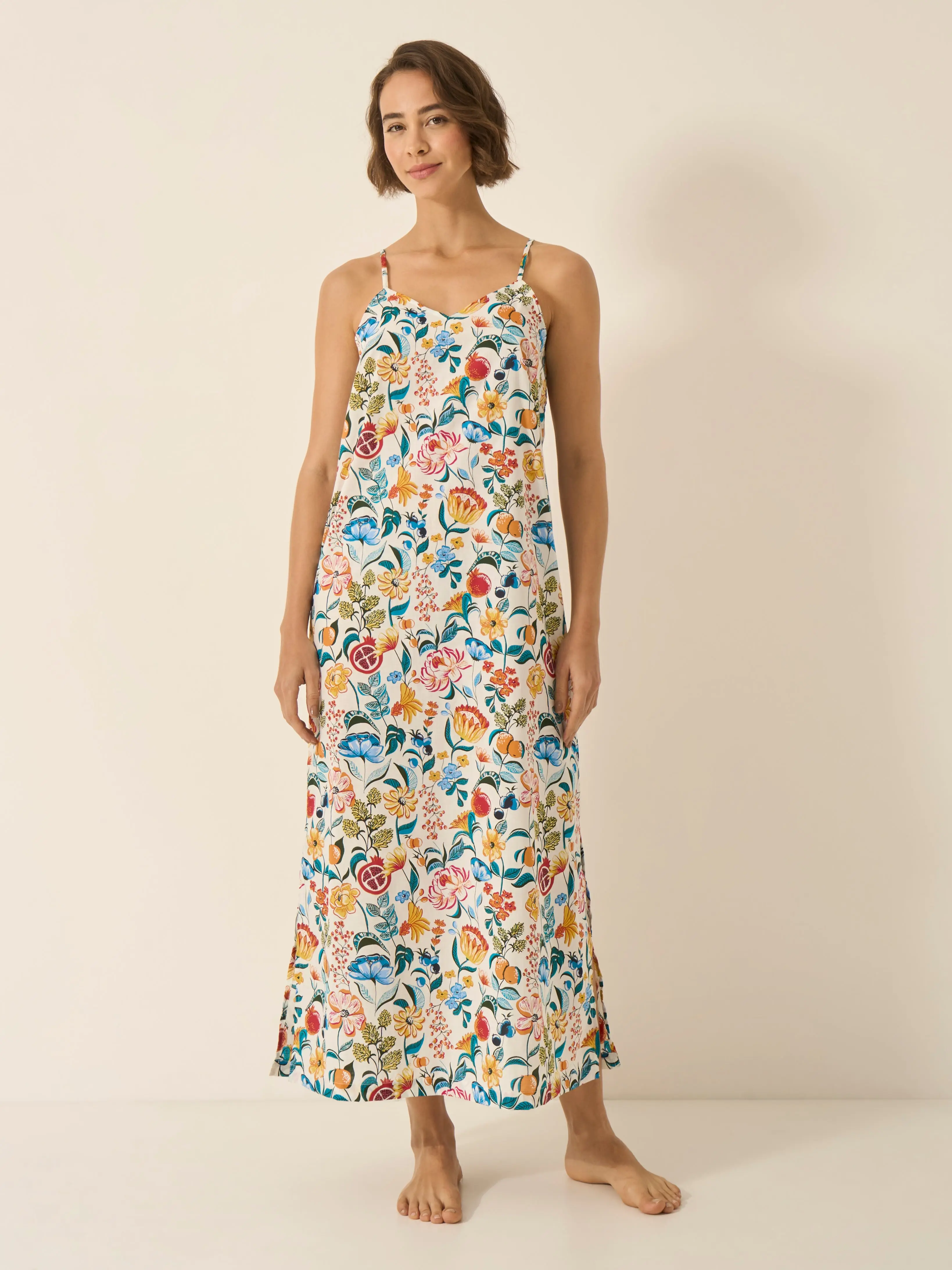 Florals on White Women's a-line Slip Organic Cotton Nightdress - Image 2