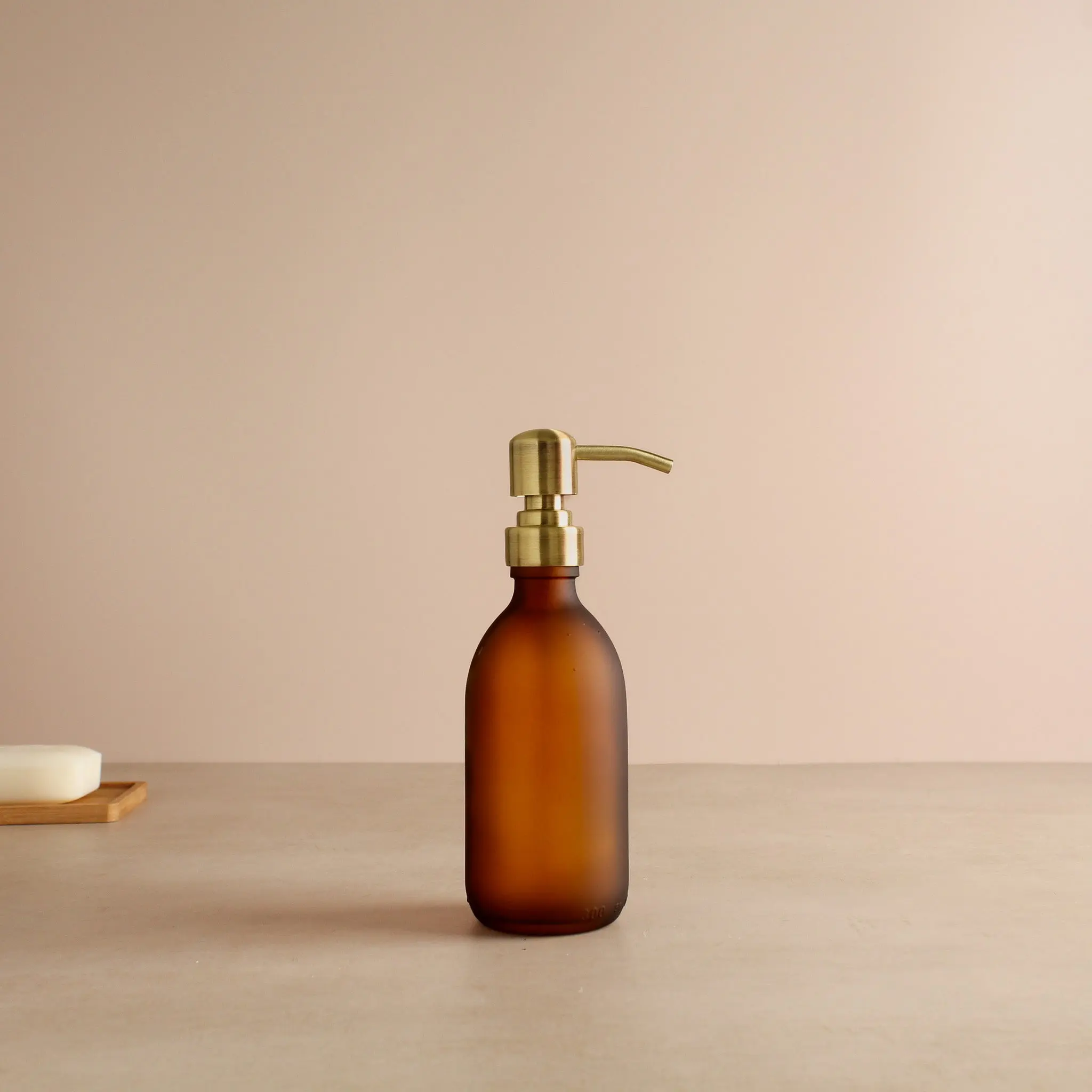 Frosted Amber Glass Dispenser Bottle With Gold Pump - Image 5