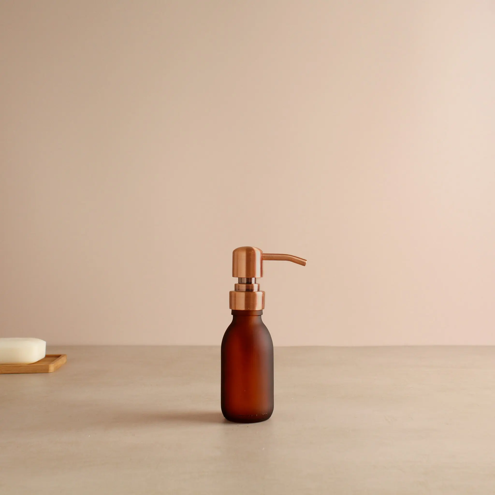 Frosted Amber Glass Dispenser Bottle With Rose Gold Pump - Image 6