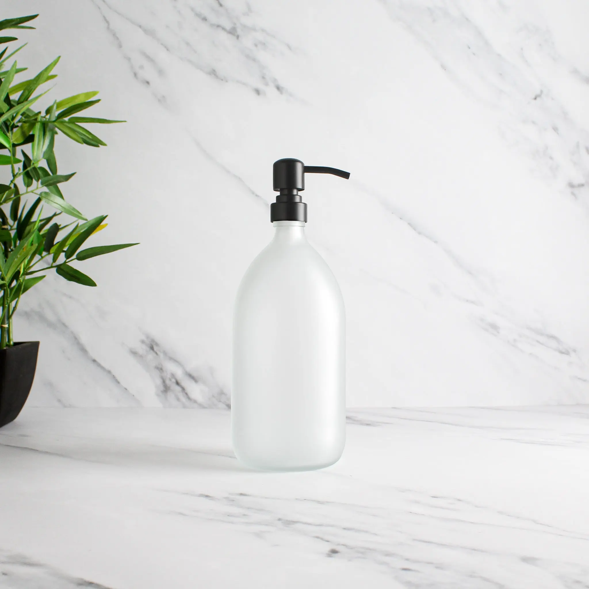 Frosted White Glass Dispenser Bottle With Matte Black Pump - Image 3