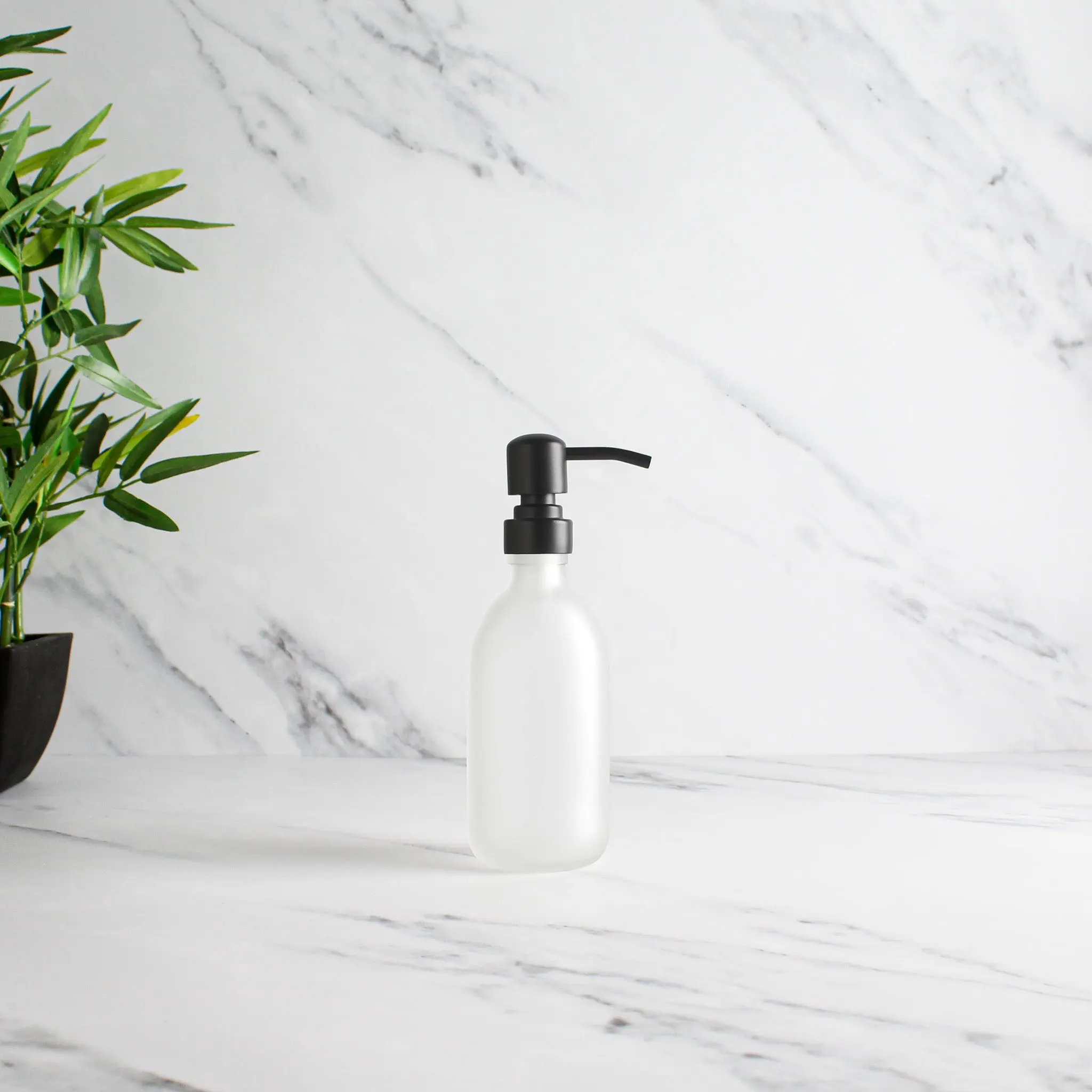 Frosted White Glass Dispenser Bottle With Matte Black Pump - Image 5