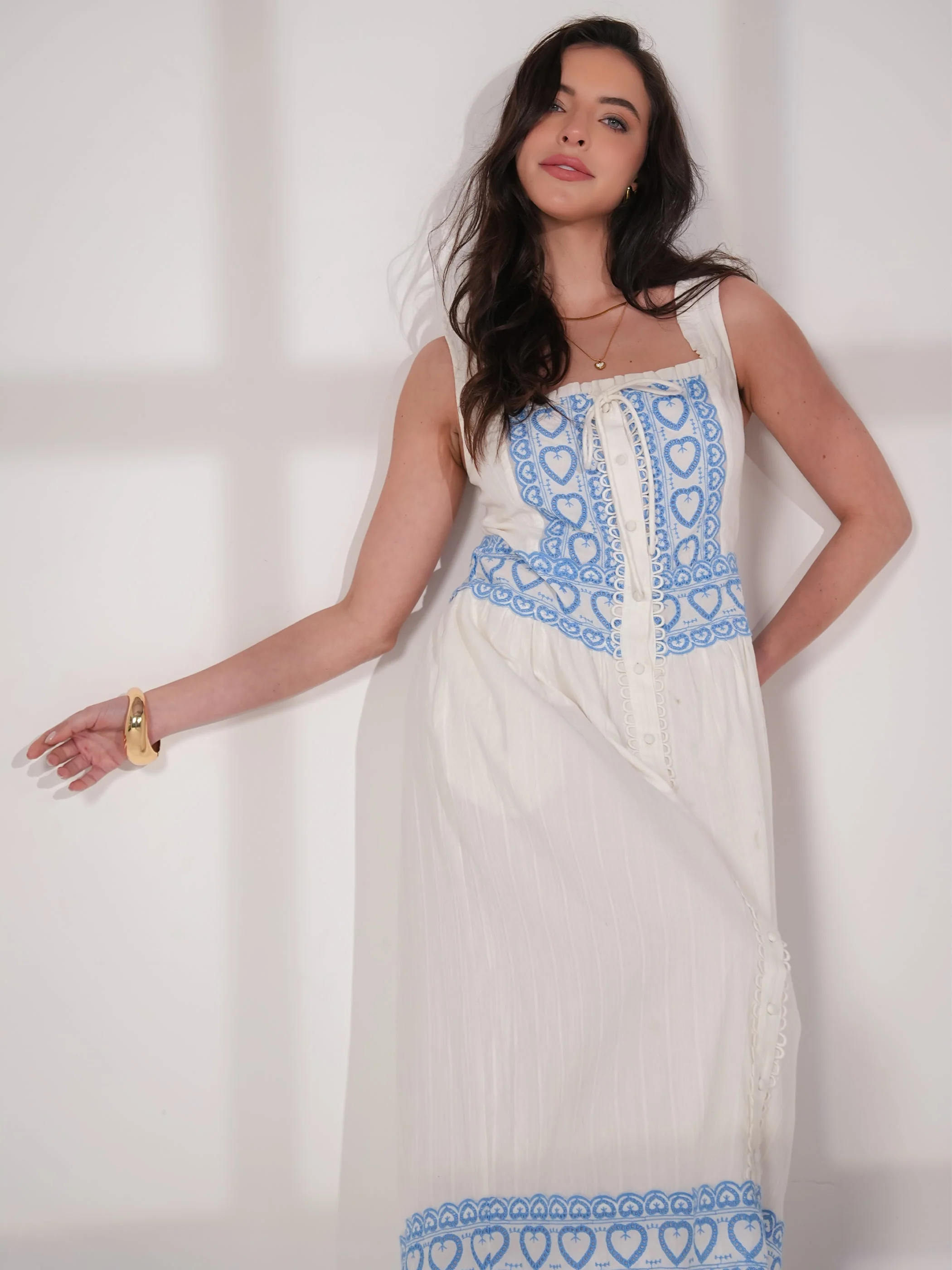 Harri Heart And Blue Cotton Heart Embroidery Maxi Dress - Image 5