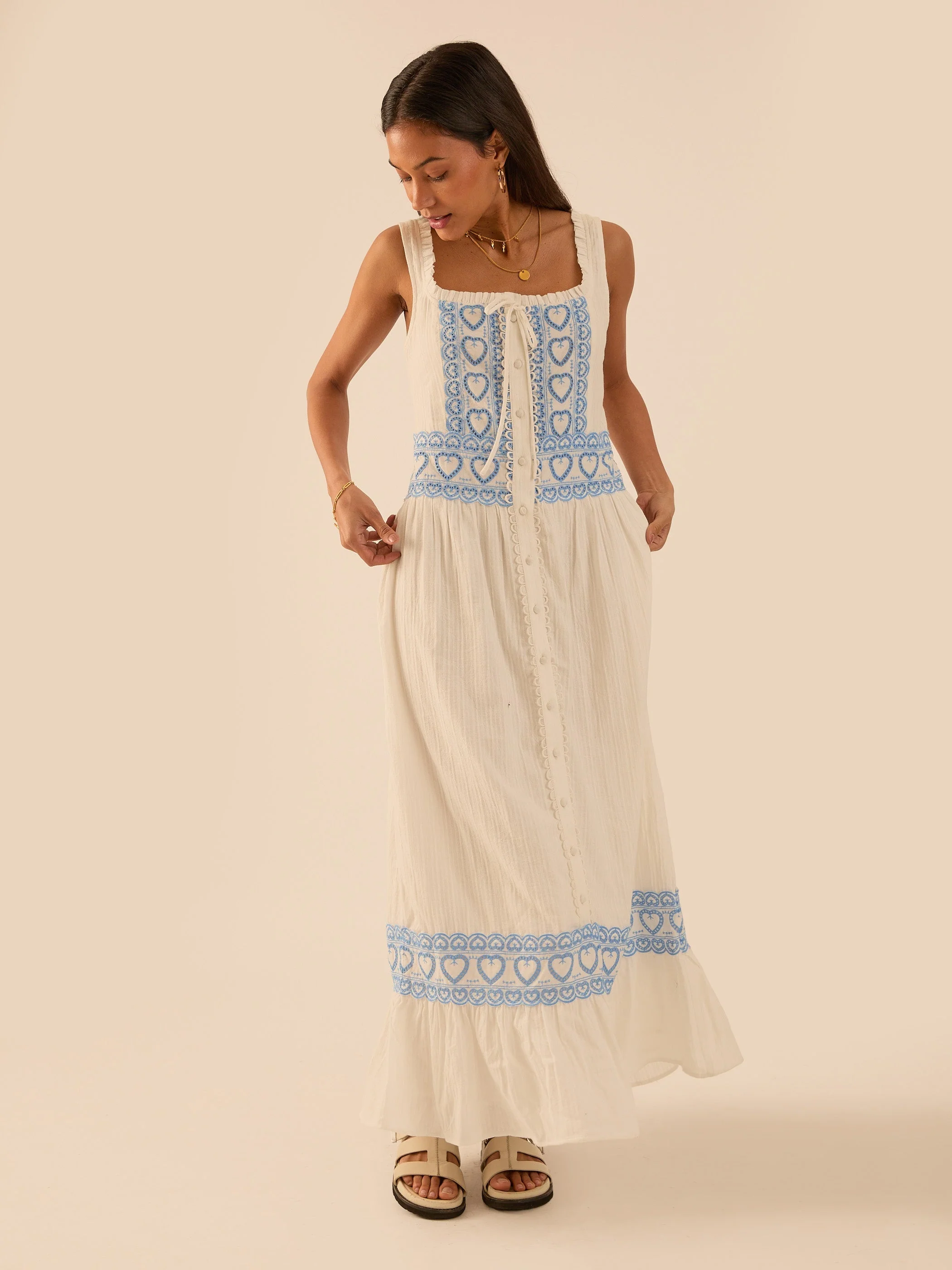 Harri Heart And Blue Cotton Heart Embroidery Maxi Dress - Image 6
