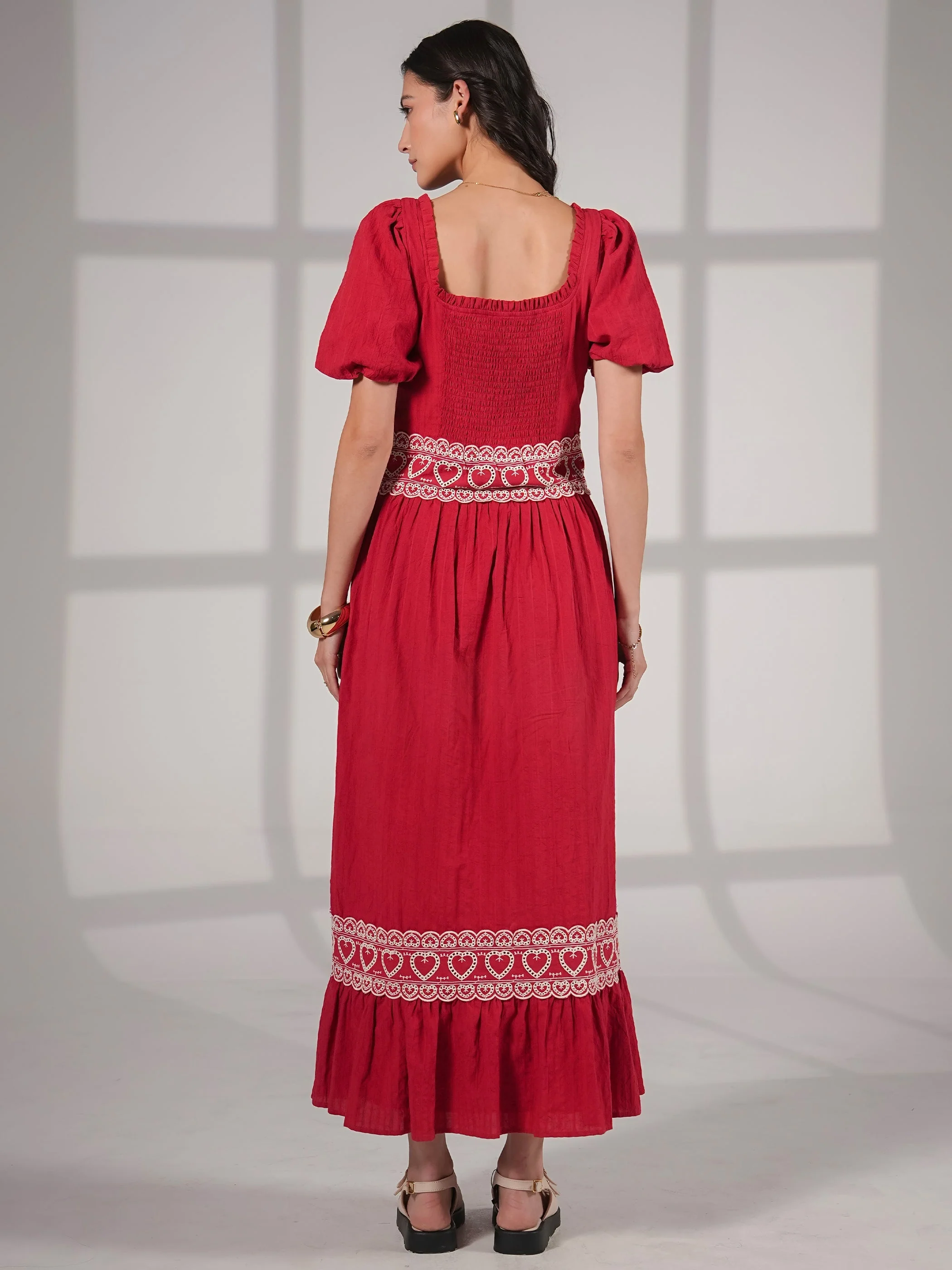 Harri Red And White Cotton Heart Embroidery Short Sleeve Maxi Dress - Image 4