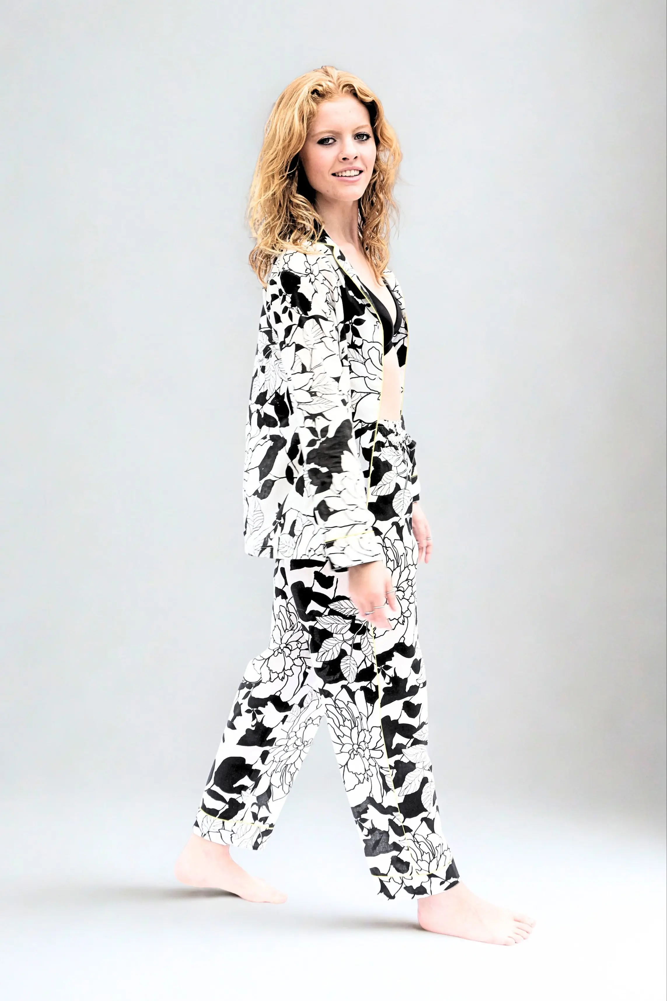 Havana Long Sleeve Organic Cotton Pyjama Set, Black & White Floral Print - Image 3