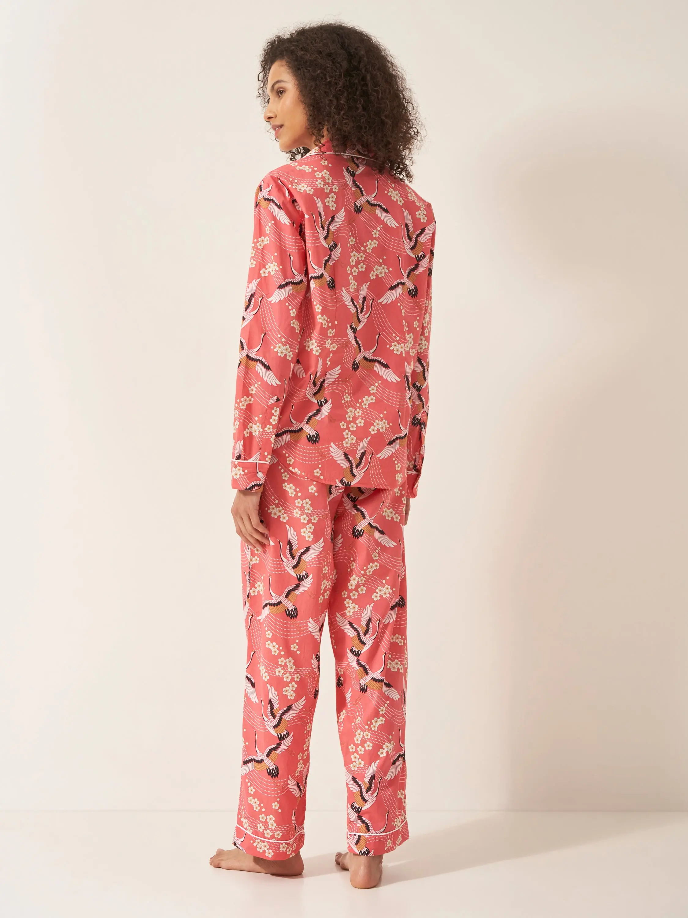Japanese Crane on Coral Women's Long Sleeve Organic Cotton Pyjama Trouser Set - Image 4