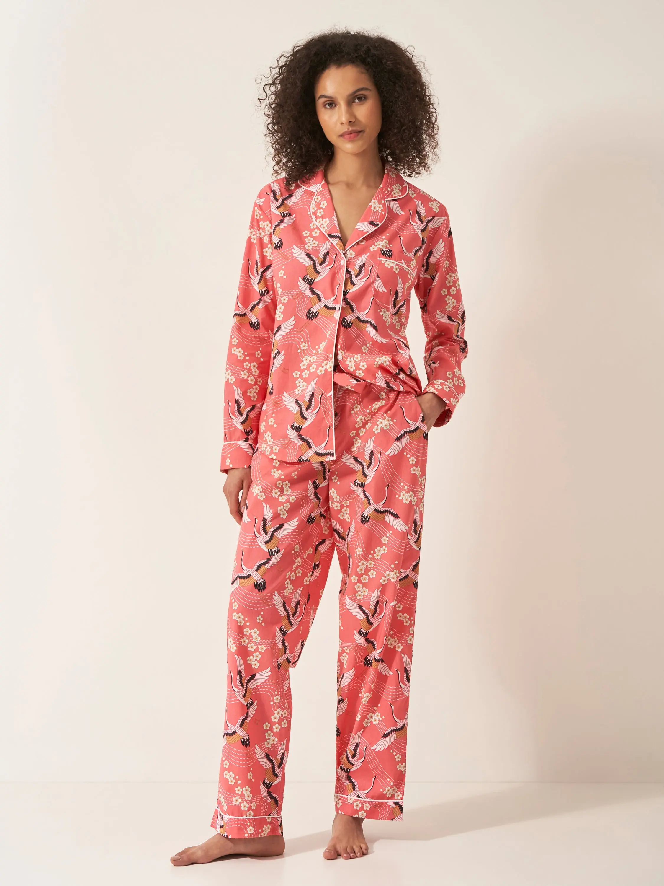 Japanese Crane on Coral Women's Long Sleeve Organic Cotton Pyjama Trouser Set - Image 5