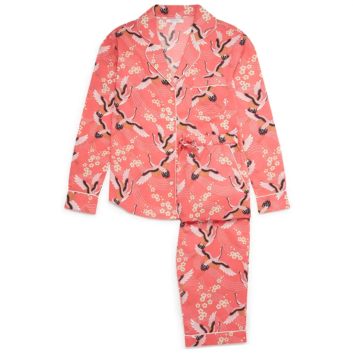 Japanese Crane on Coral Women's Long Sleeve Organic Cotton Pyjama Trouser Set - Image 6
