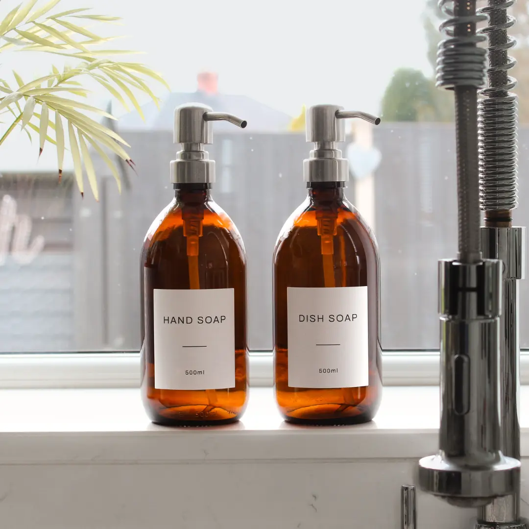 Labelled Amber Glass Dispenser Bottle With Silver Pump - Image 2