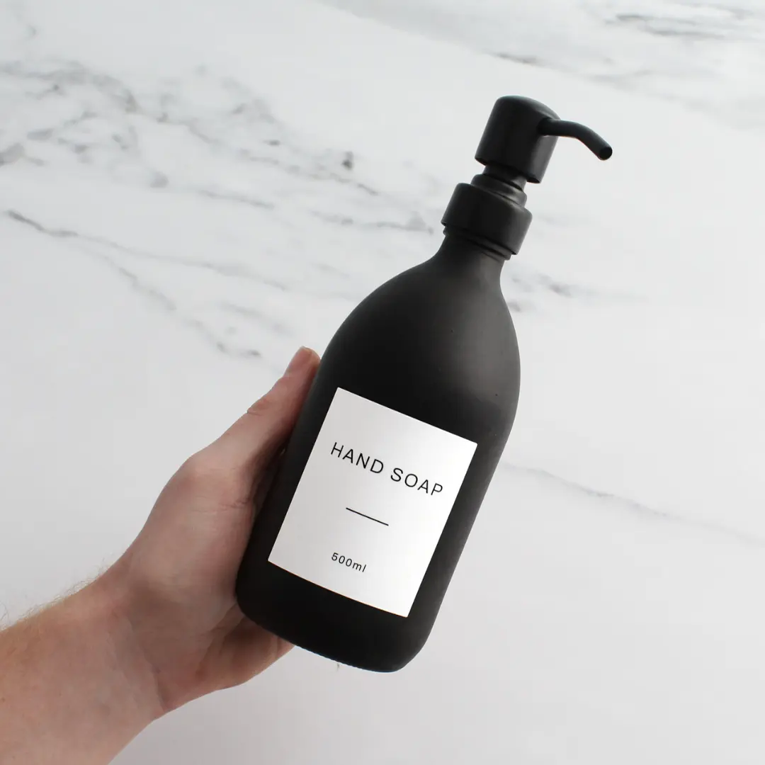 Labelled Matte Black Glass Dispenser Bottle With Matte Black Pump - Image 5