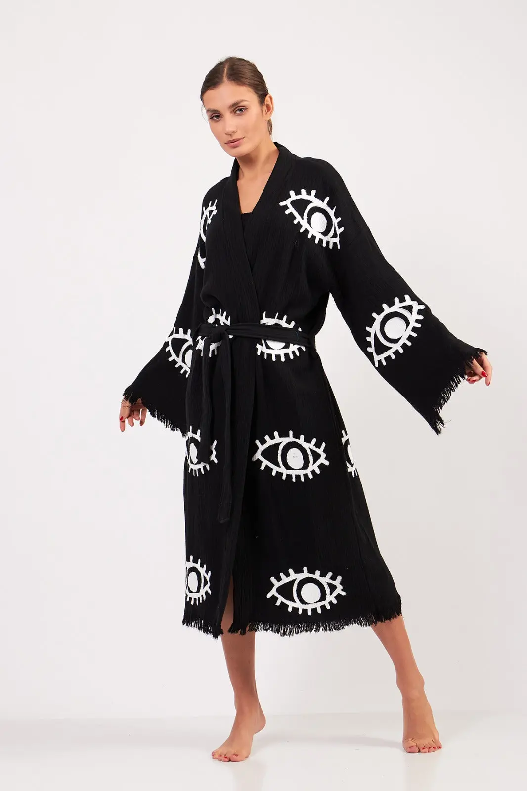 Long Cotton Robe: Black with White Eye - Image 2