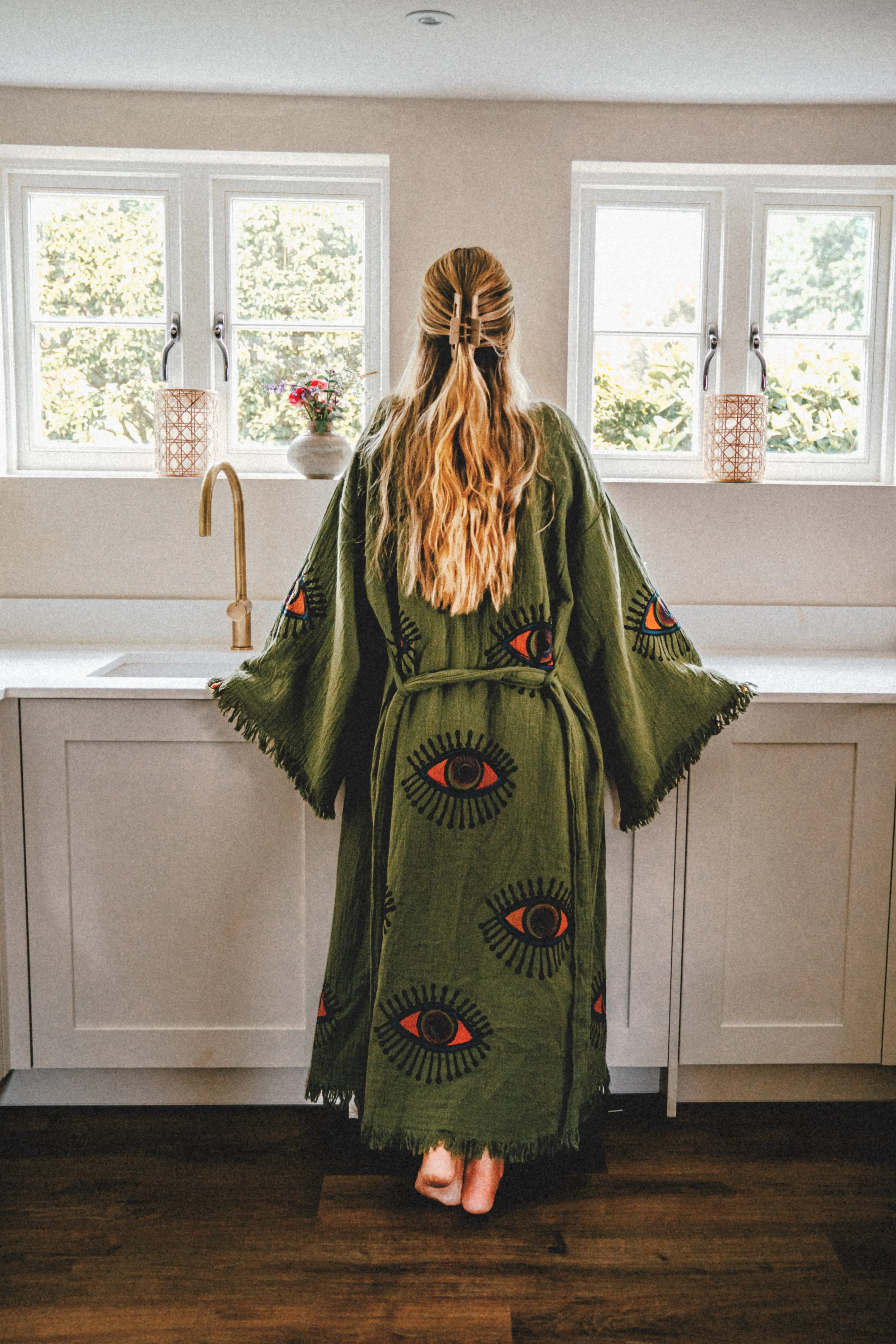 Long Cotton Robe: Khaki Green Eye - Image 3