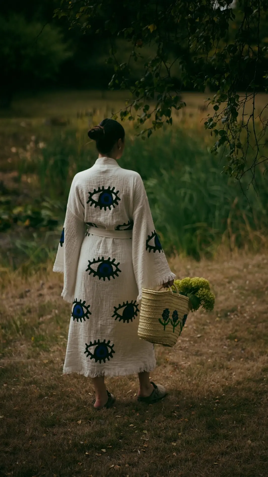 Long Cotton Robe: White with Dark Blue & Black Eye - Image 2