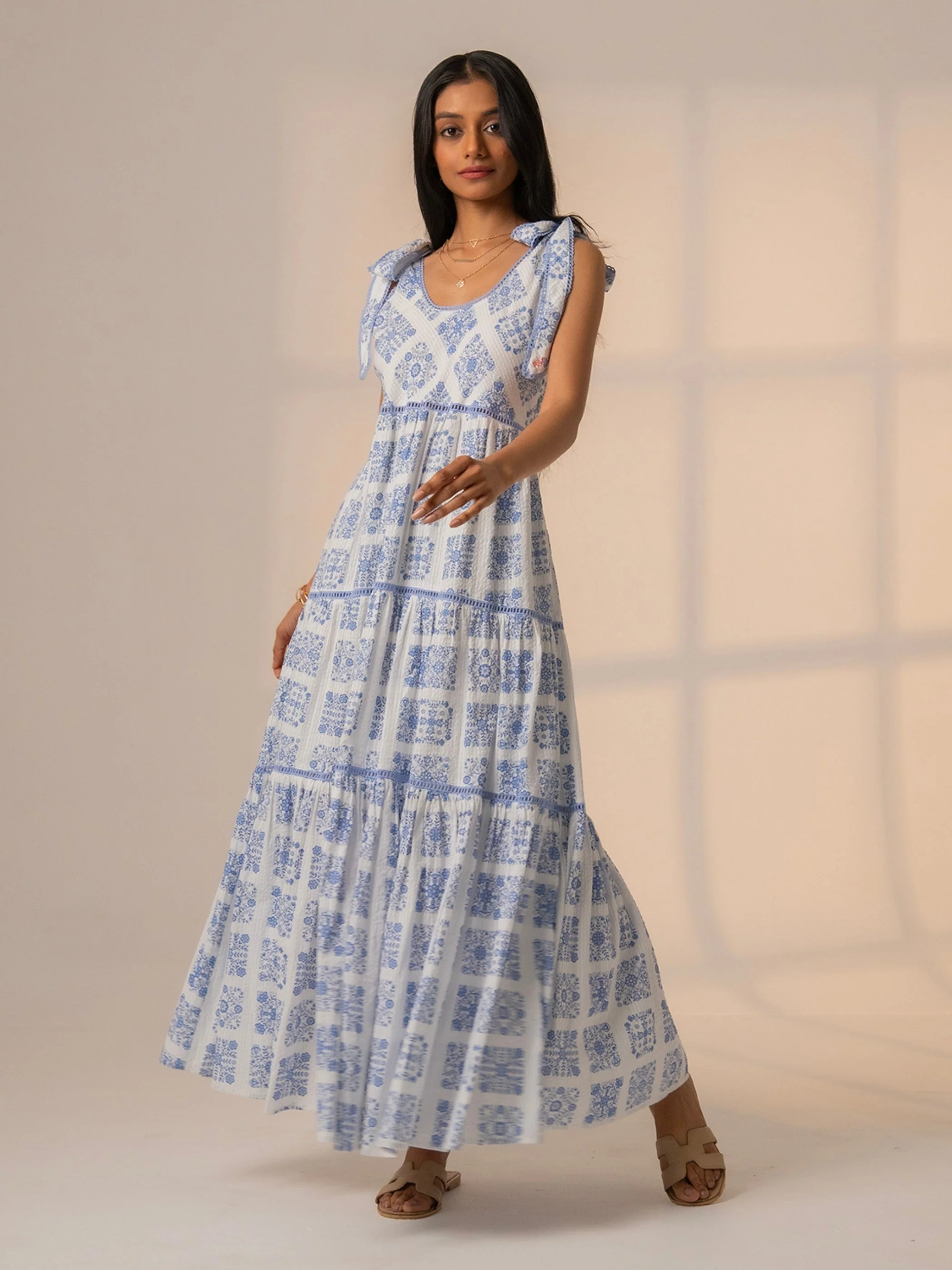 Maisy Blue White Printed Lace Trim Maxi Sun Dress - Image 2