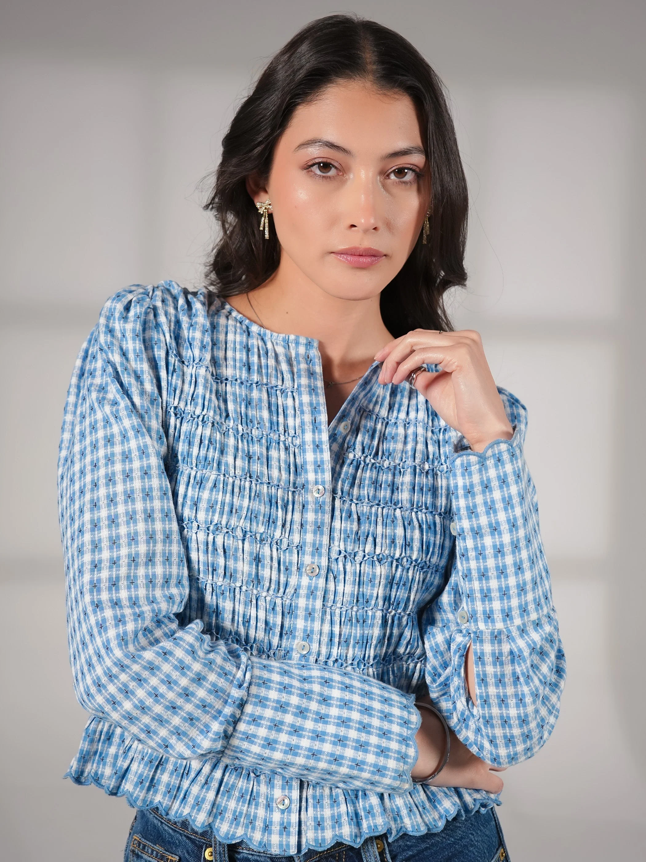 Mary Blue Gingham Check Smocked Blouse - Image 2