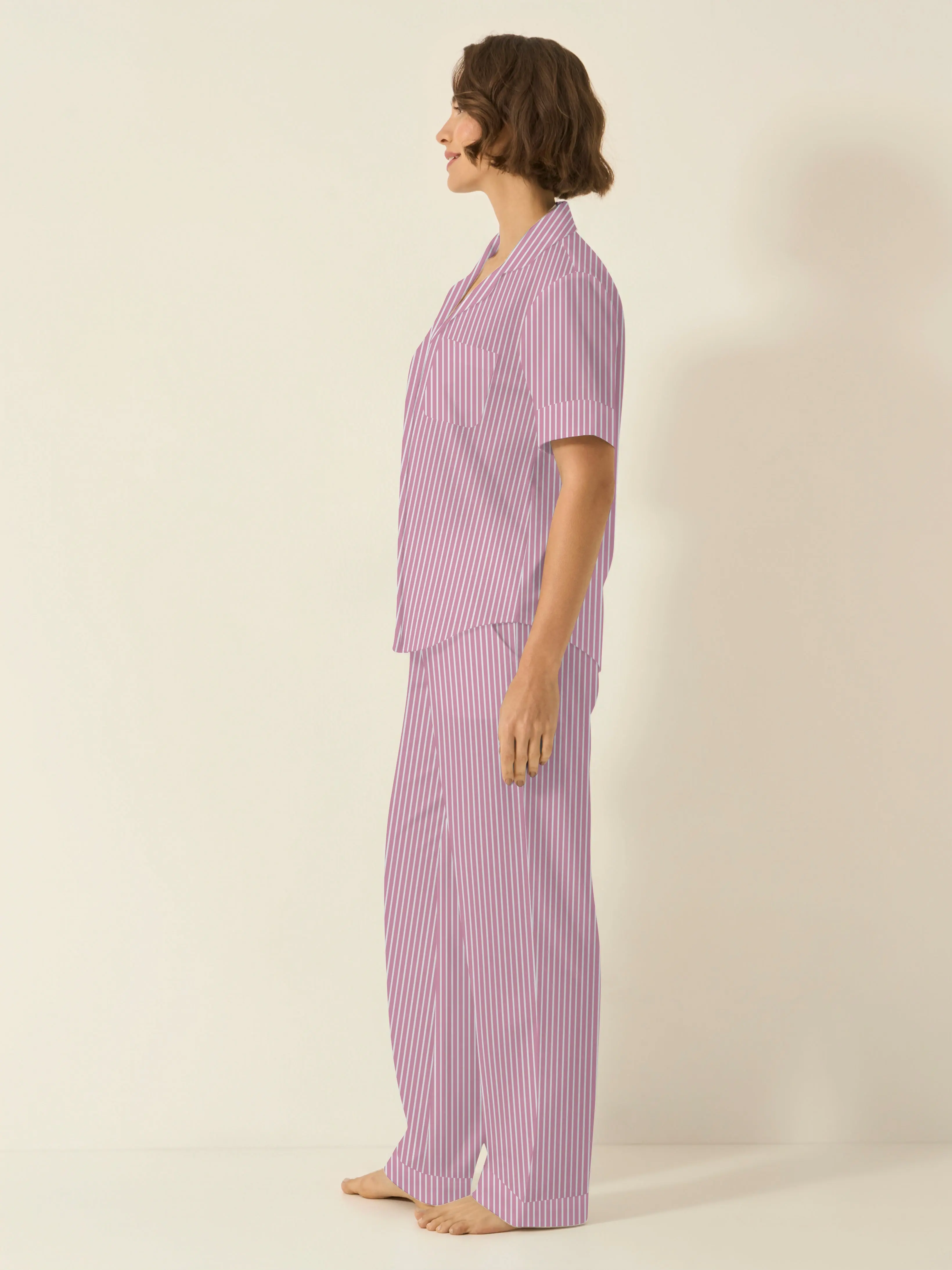 Mauve Stripe Women's Short Sleeve Organic Cotton Pyjama Trouser Set - Image 4