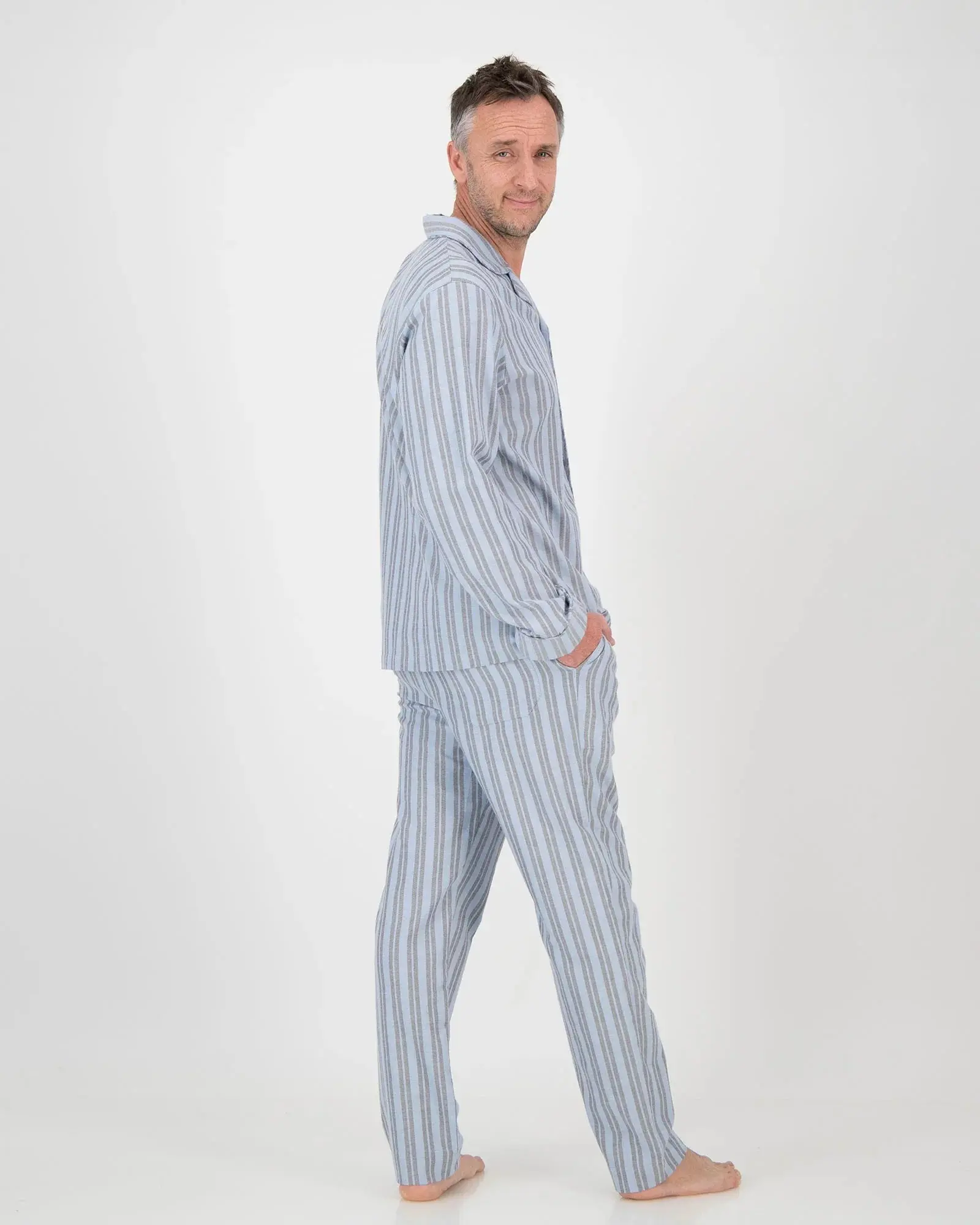 Mens Long Pyjamas - Flannel Turquoise & Charcoal Stripe - Image 3