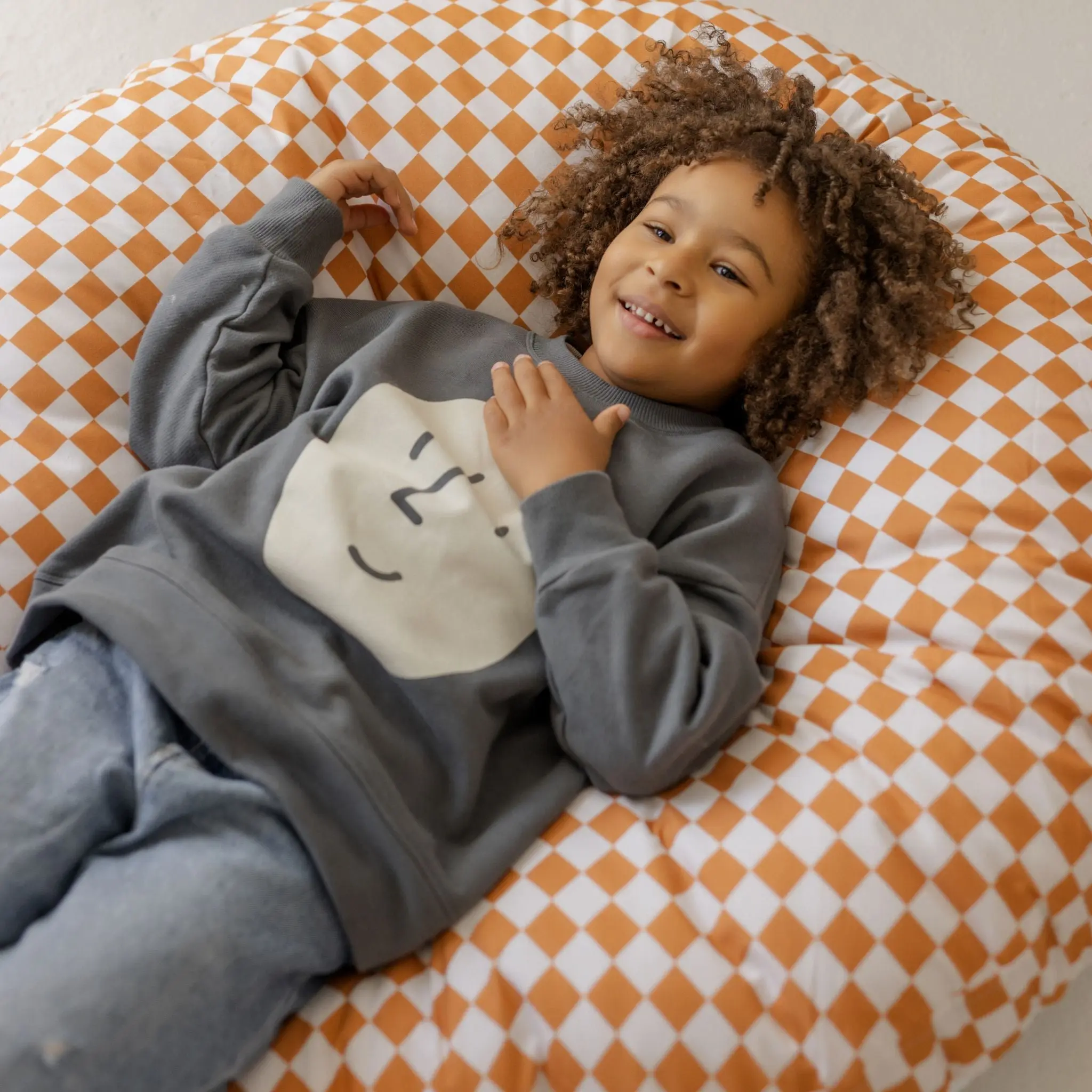 Checkered Large Kids Floor Cushion in Off-white and Orange - Image 3