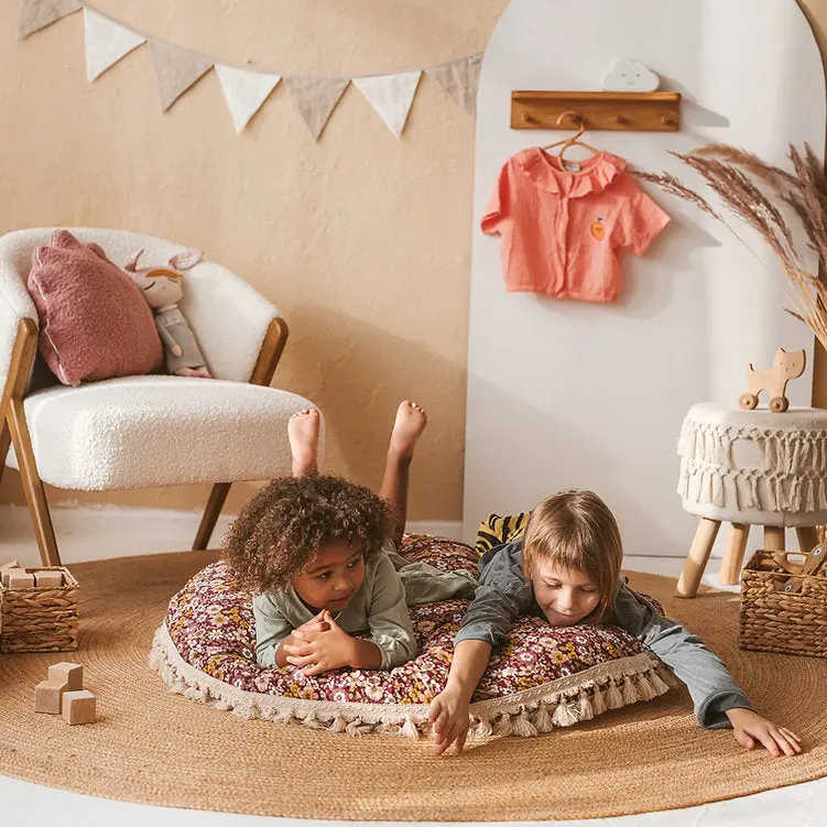 Large Kids Floor Cushion in Burgundy Floral Pattern
