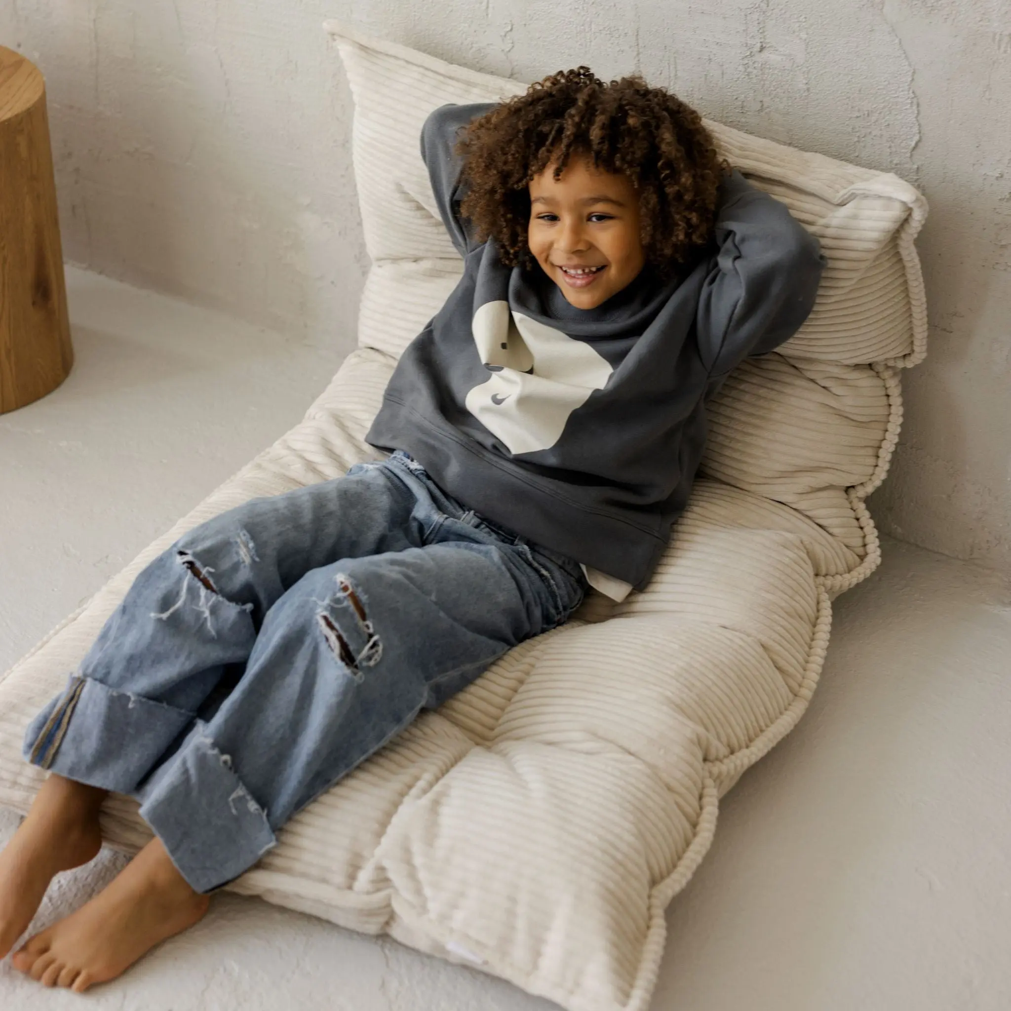 Ecru Tufted Corduroy Floor Cushion, French Style Pillow - Image 4
