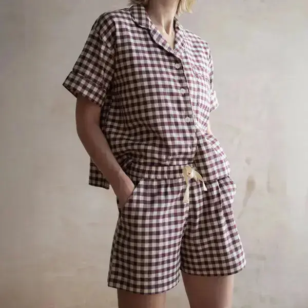 Warm Blue Gingham Linen Blend Women's Pyjama Short Set - Image 11