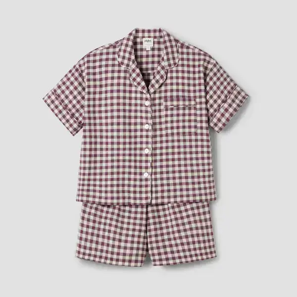 Warm Blue Gingham Linen Blend Women's Pyjama Short Set - Image 12