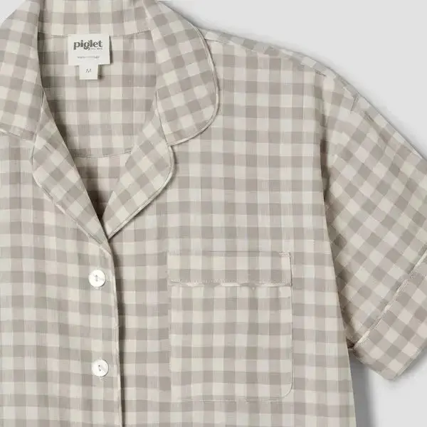Warm Blue Gingham Linen Blend Women's Pyjama Short Set - Image 17