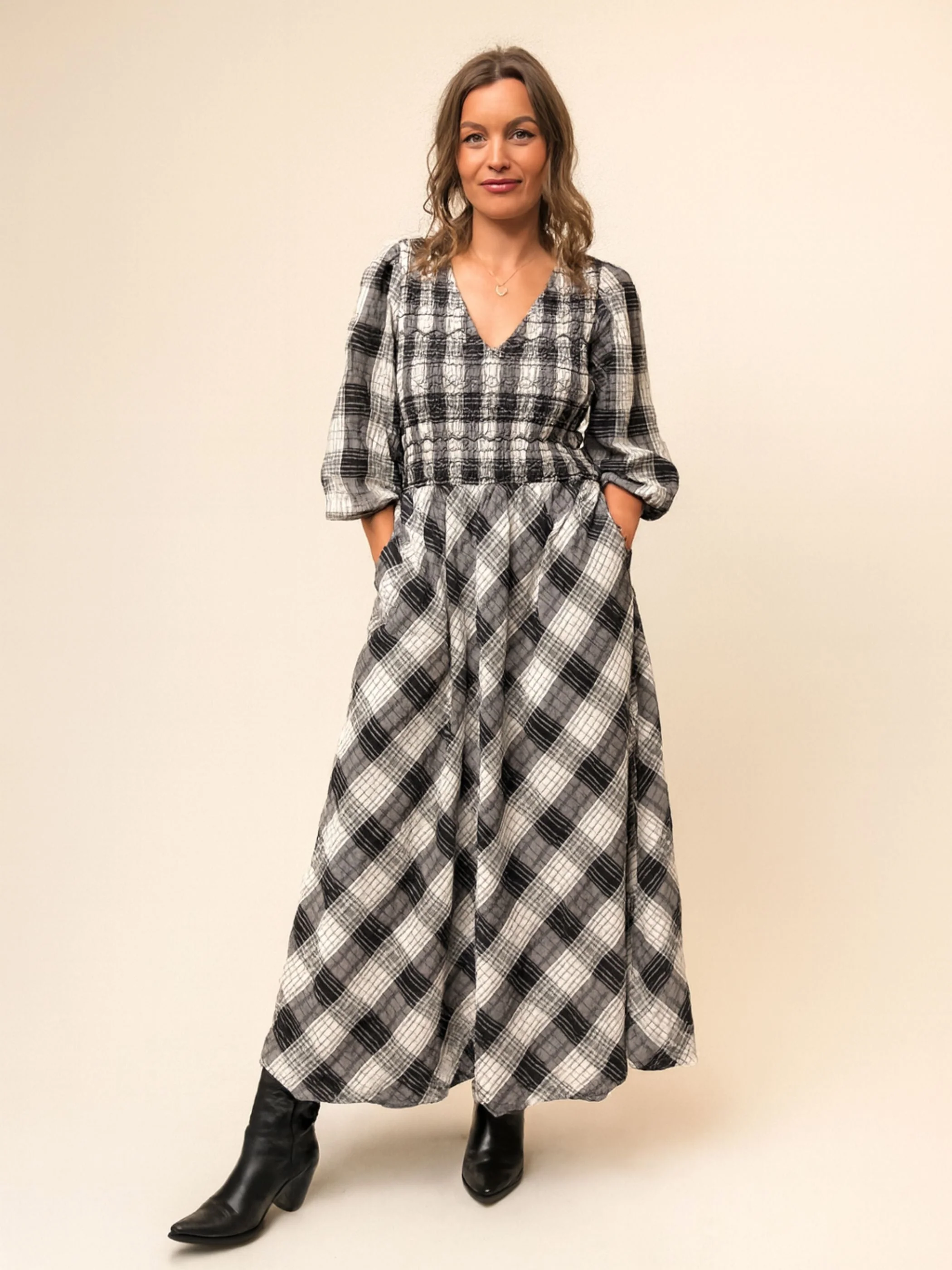 Nella Black and White Check Smocked Midi Dress  - Image 7