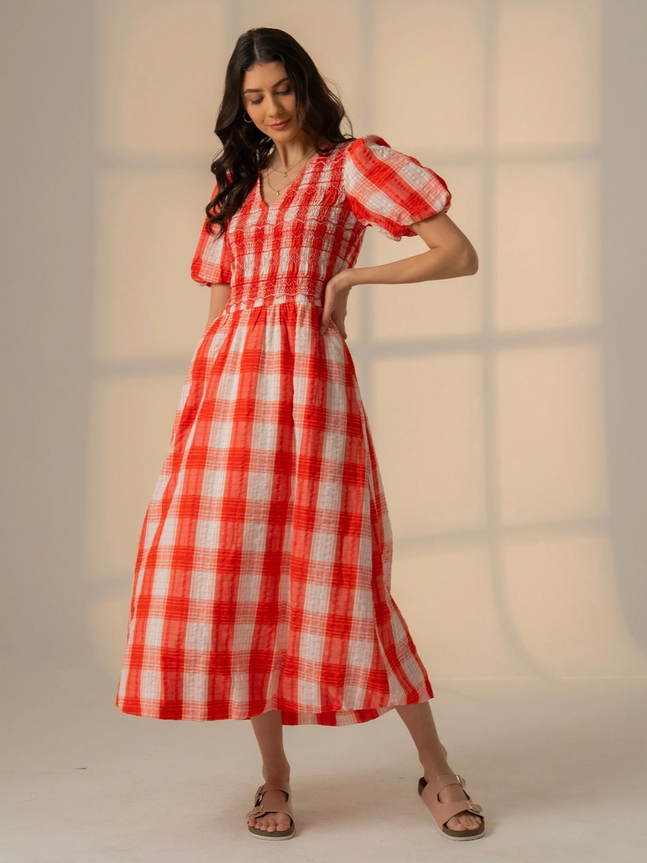 Nella Coral White Check Smock Midi Dress With Embroidery - Image 2
