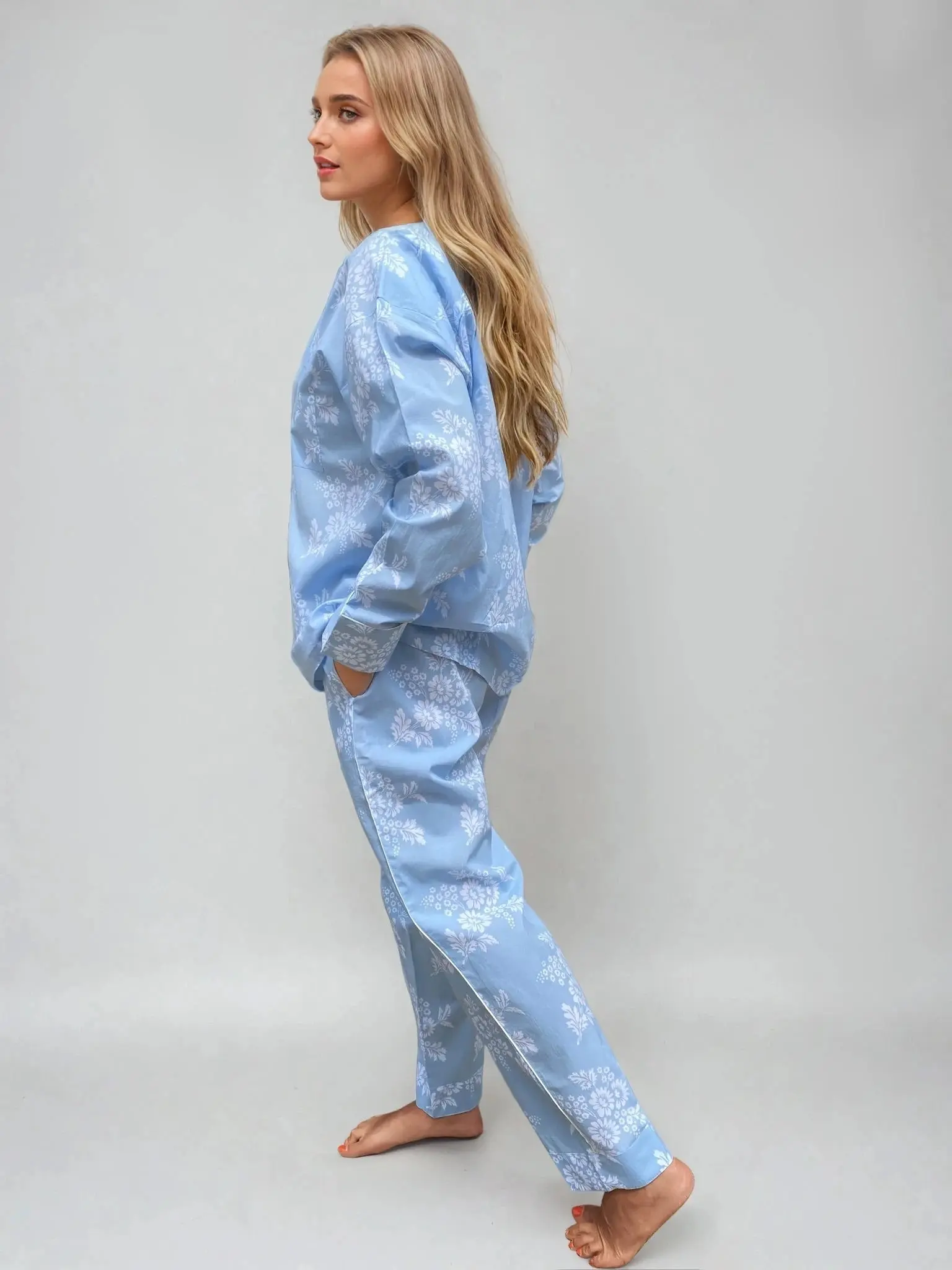 Marguerite Long Sleeve Set, Organic Cotton blue-white print - Image 2