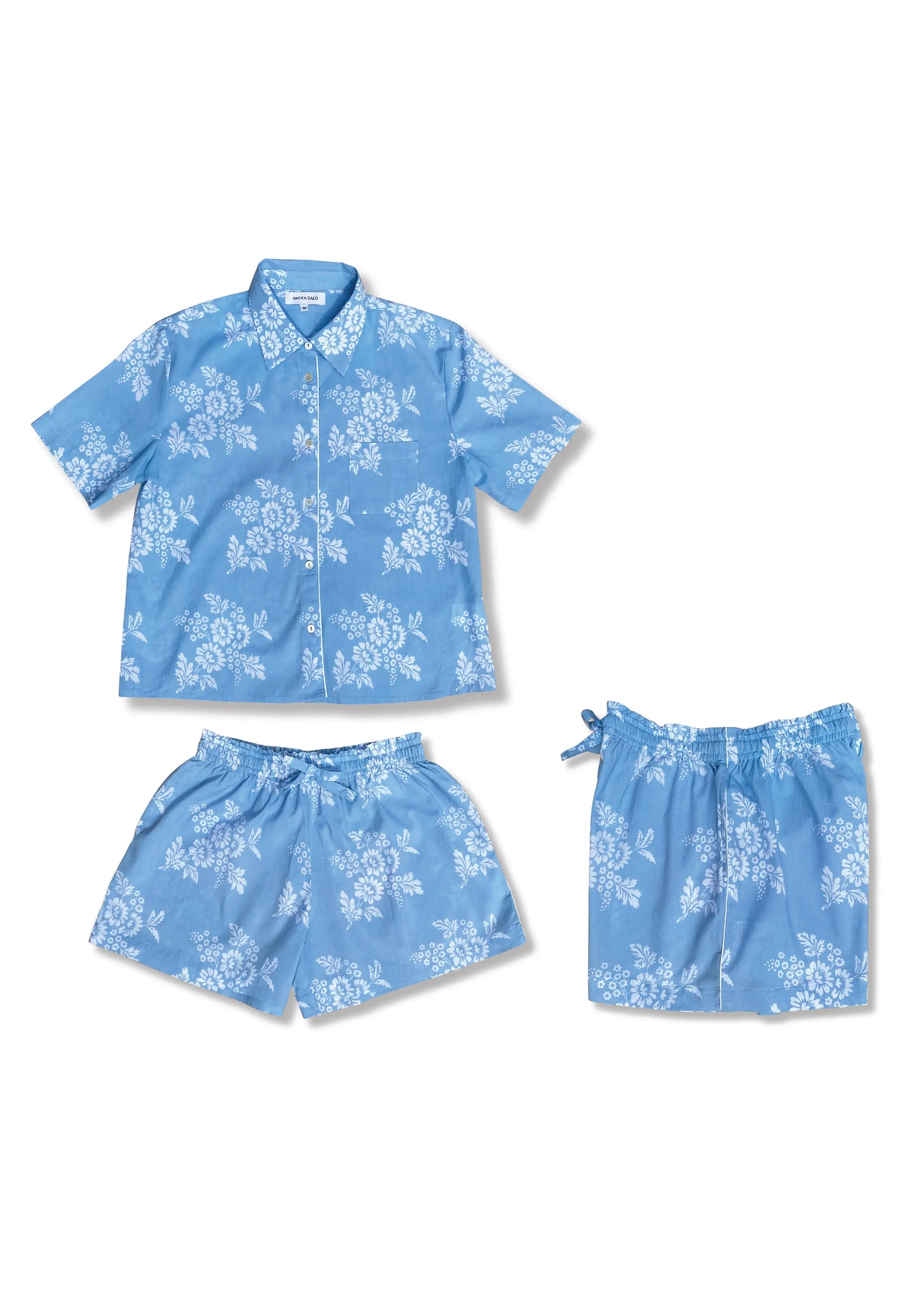 Marguerite Short Sleeve Set, Organic Cotton, white/blue print - Image 4