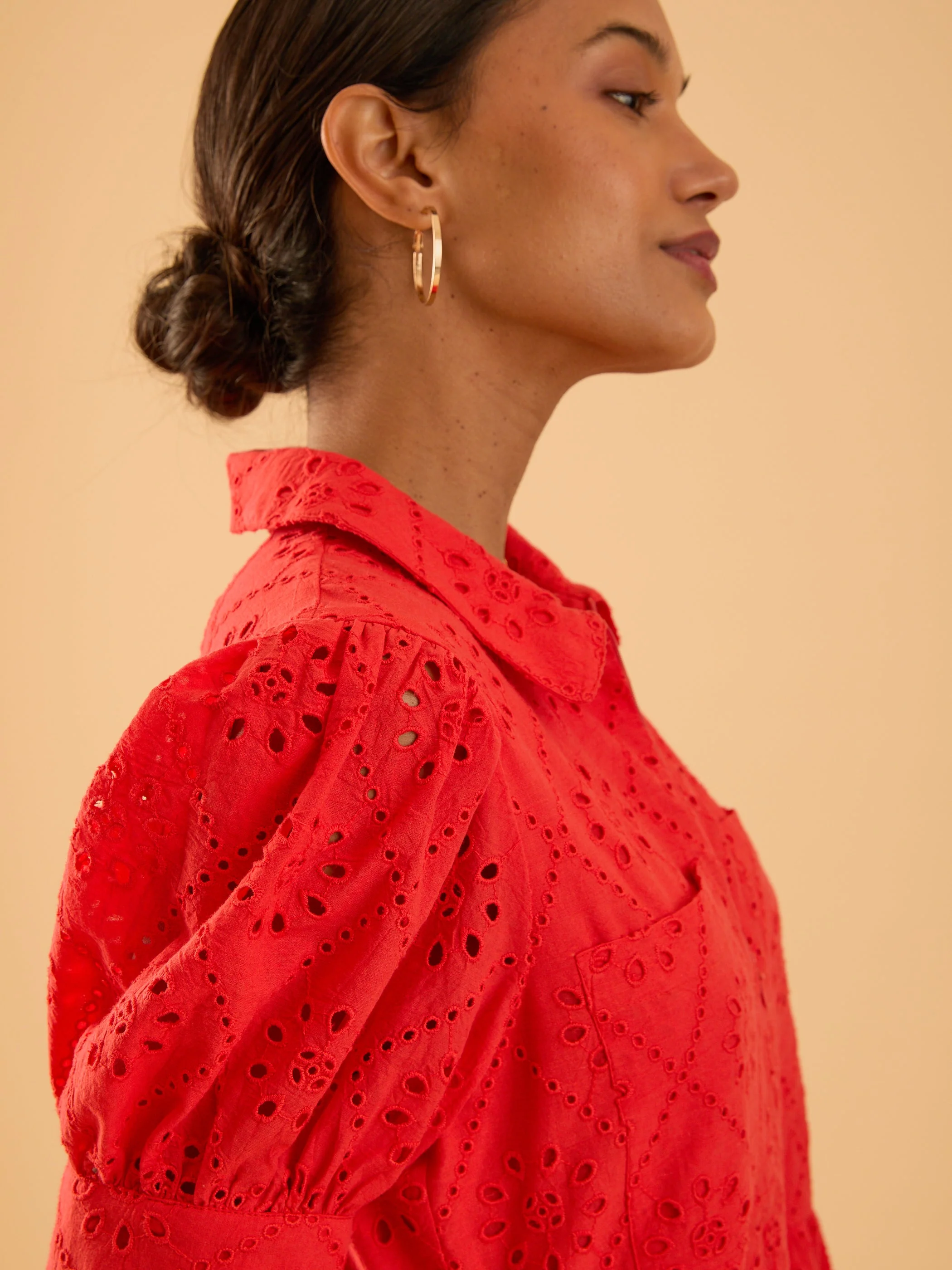 Olivia Coral Red Broderie Lace Midi Shirt Dress - Image 5
