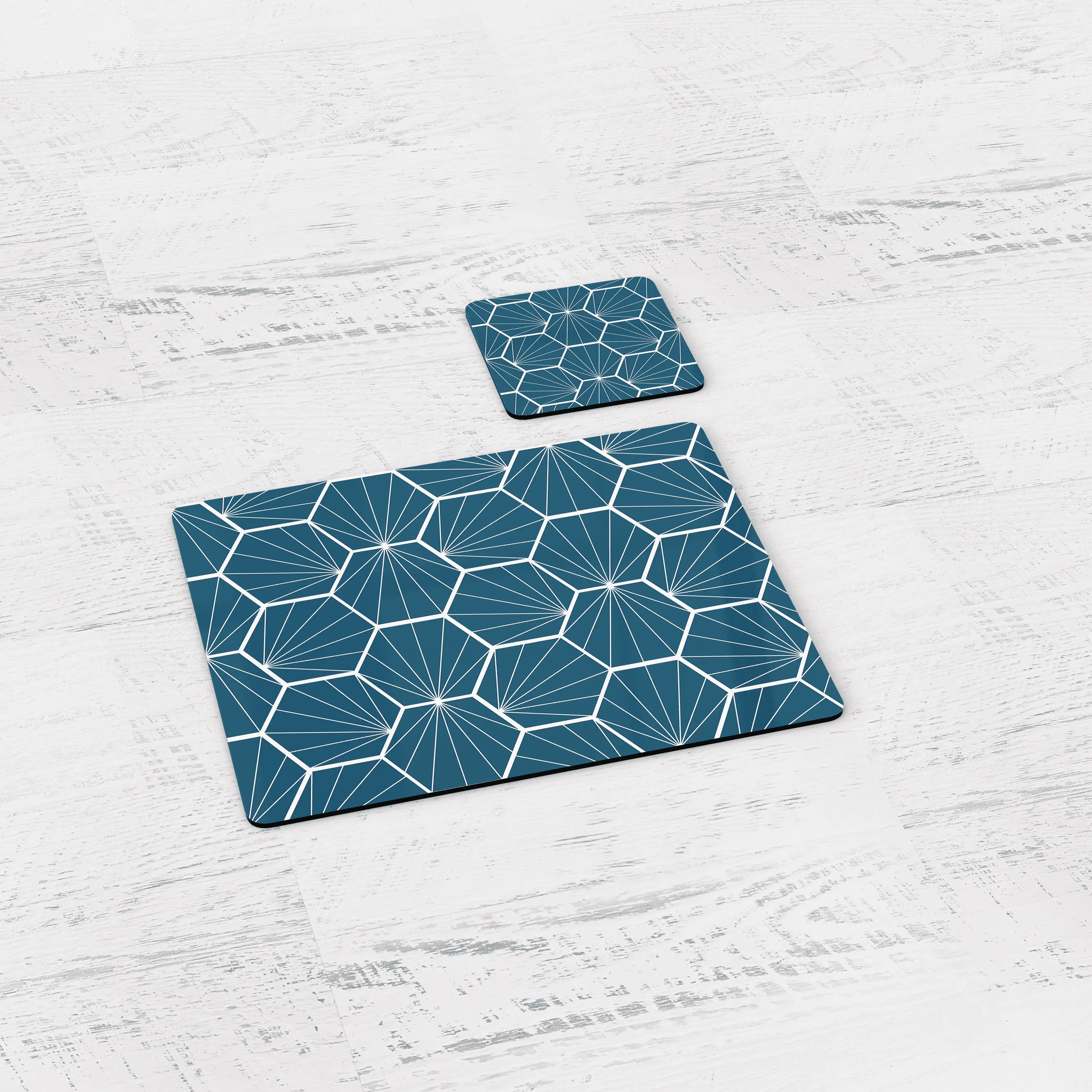 Peacock Blue Geometric Hexagons Placemats, Set of 4 or Set of 6 - Image 2