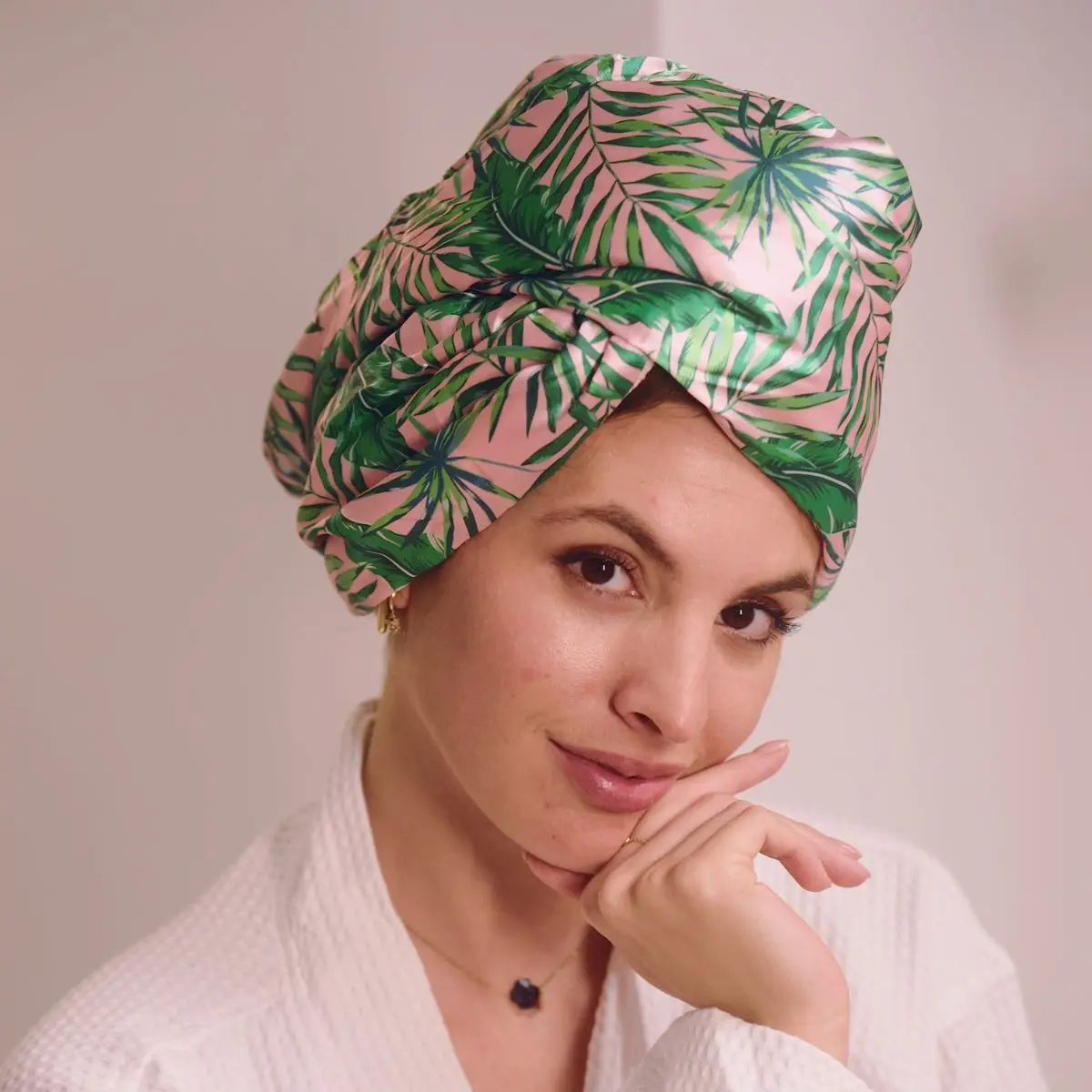 Quick Dry Satin Hair Towel Turban - Palm Print - Image 2