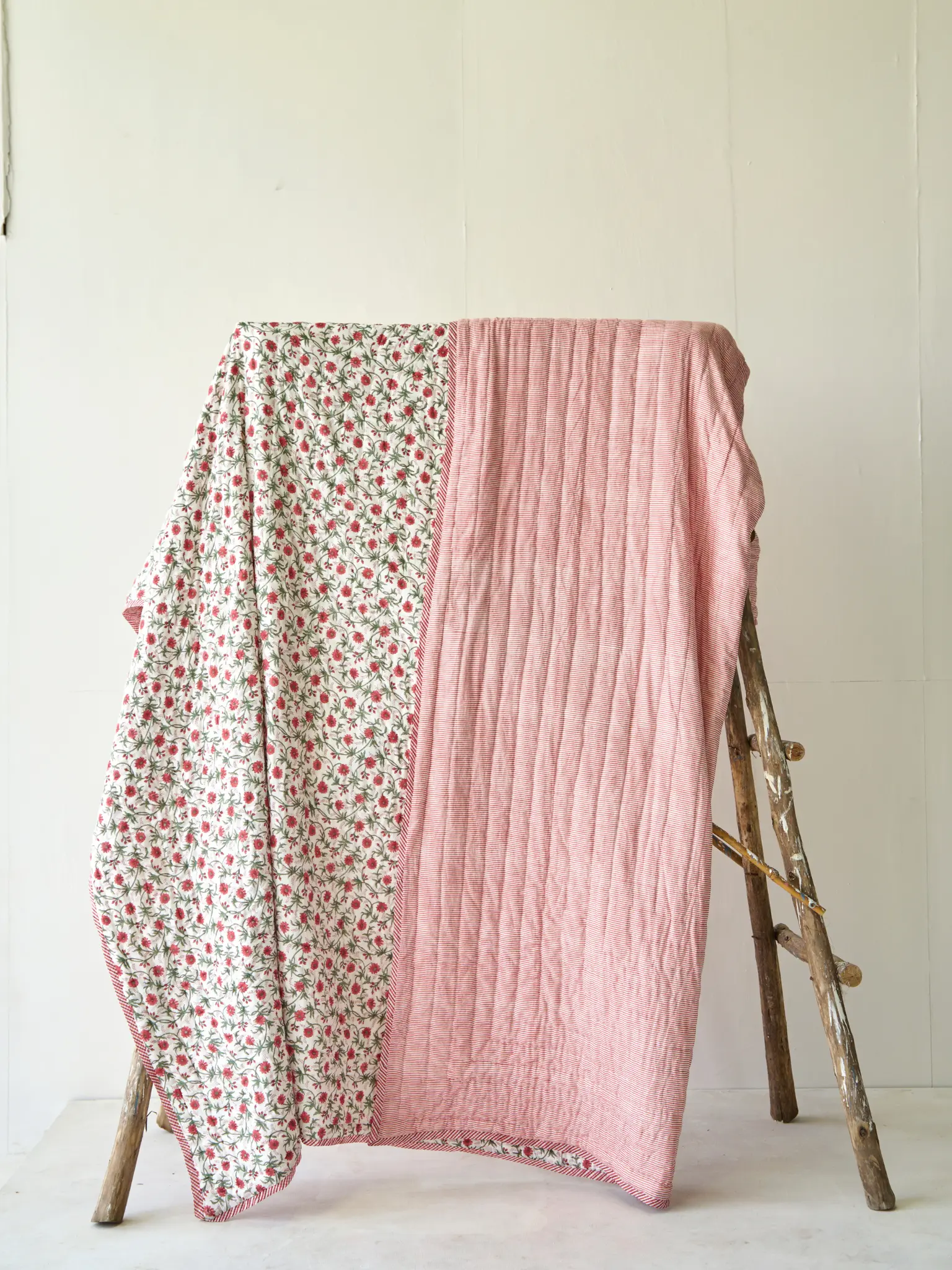 Red Floral and Stripe Bed Quilt