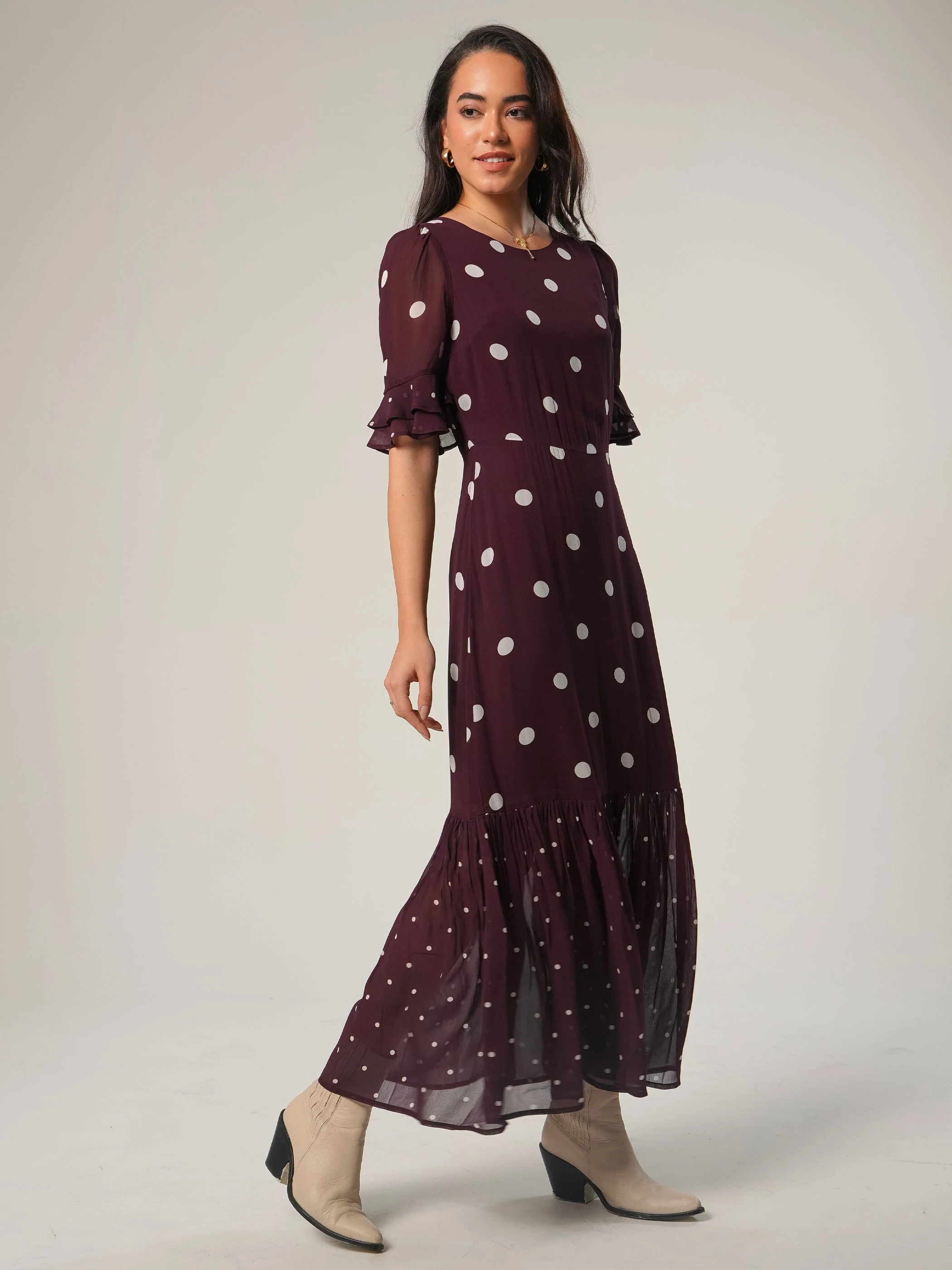 Saphi Burgundy Polka Dot Print Maxi Dress - Image 3