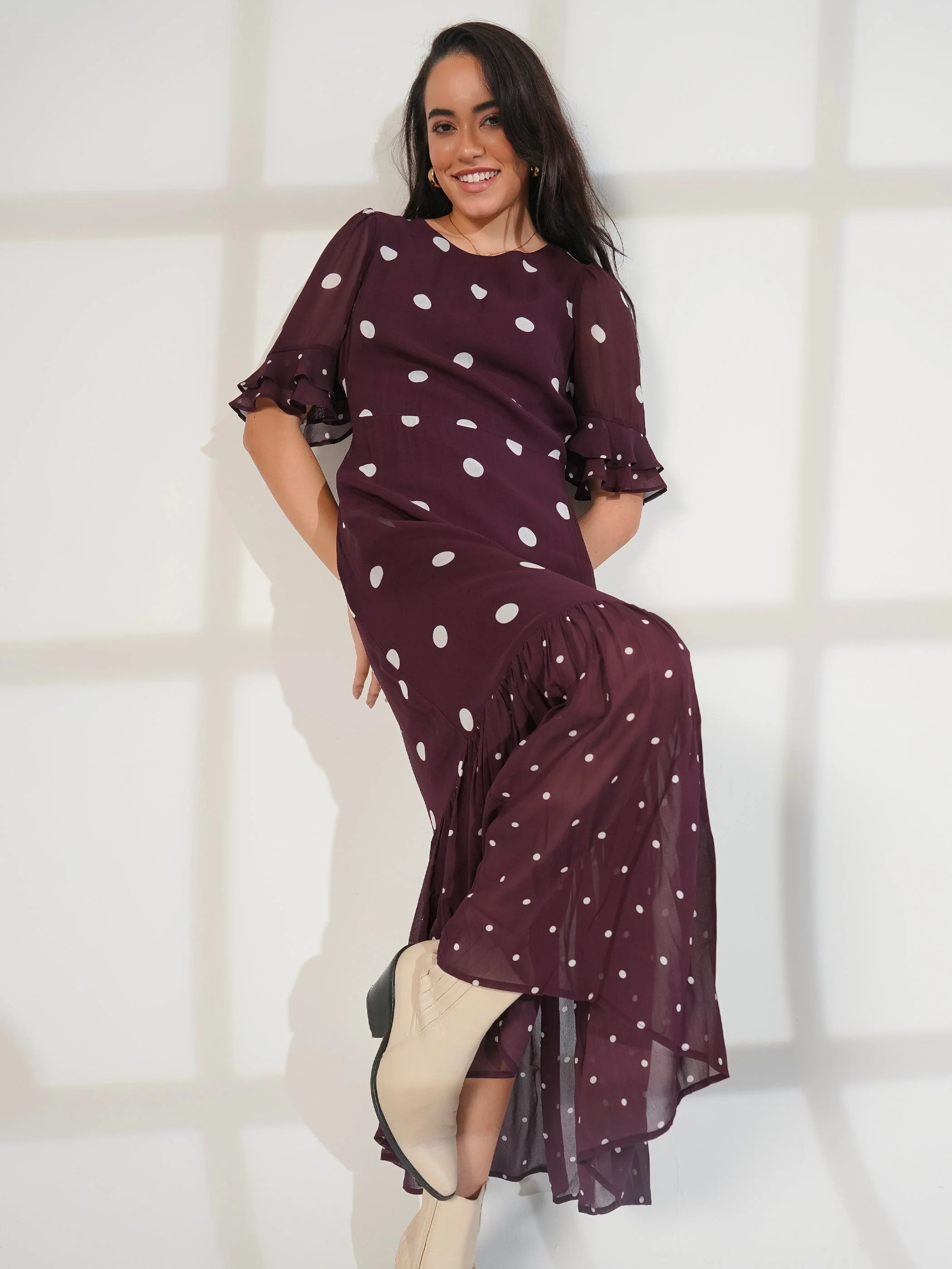Saphi Burgundy Polka Dot Print Maxi Dress - Image 6